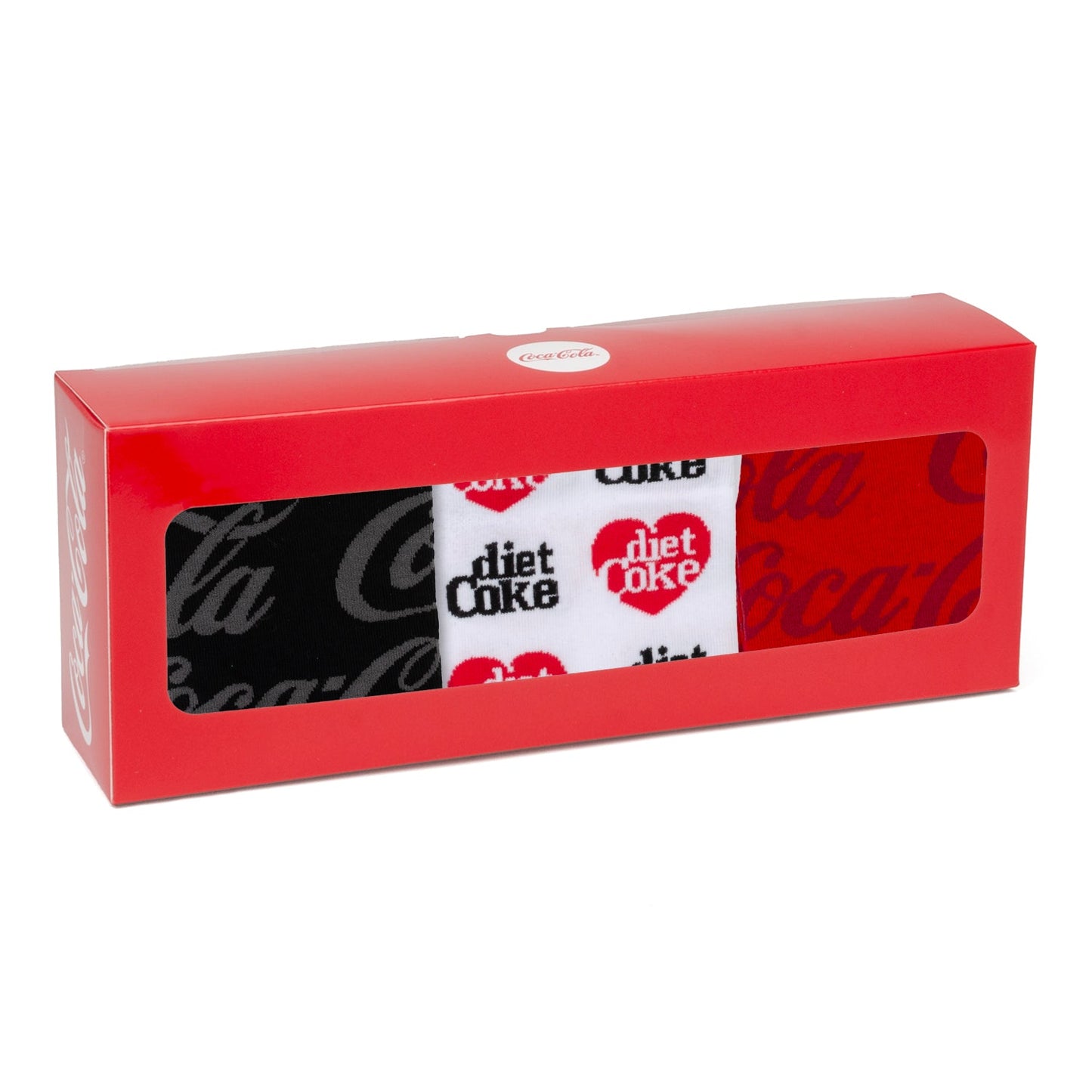 The Coca-Cola 3 Pack Sock Set by Cufflinks.com features three pairs: black with a gray logo, white with Diet Coke branding, and red with the classic Coca-Cola logo.