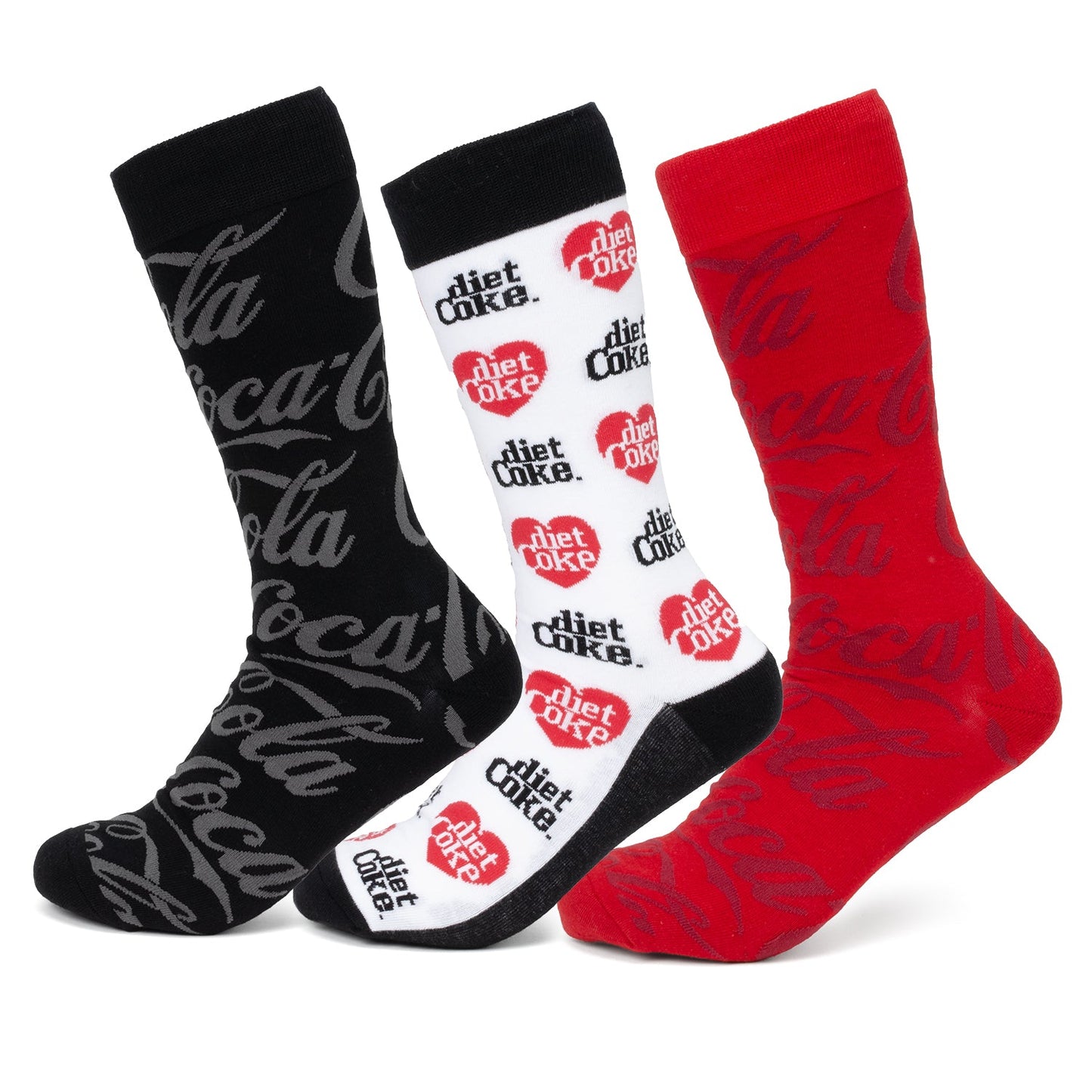 The Coca-Cola 3 Pack Sock Set by Cufflinks.com features three pairs: black with a gray logo, white with Diet Coke branding, and red with the classic Coca-Cola logo.