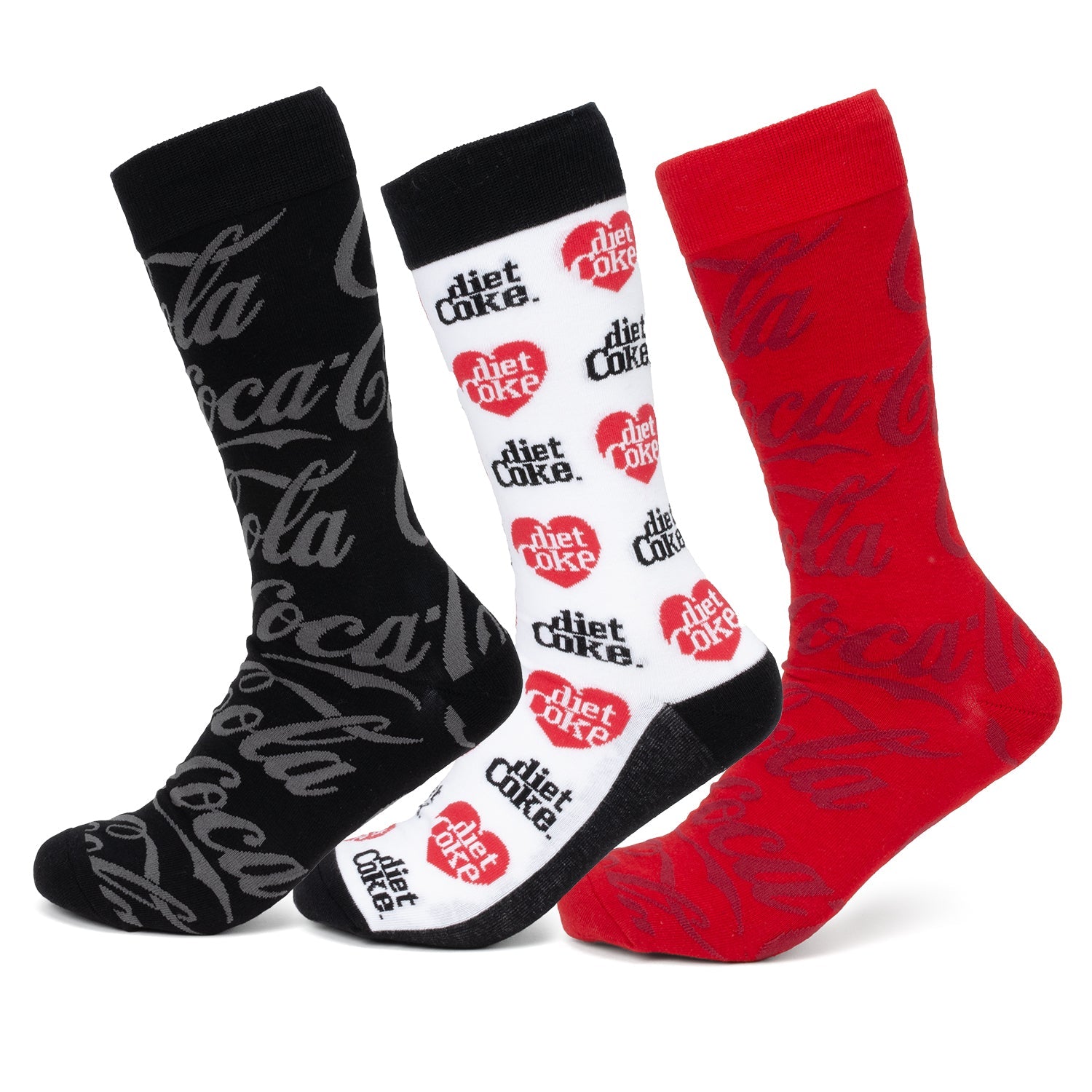 The Coca-Cola 3 Pack Sock Set by Cufflinks.com features three pairs: black with a gray logo, white with Diet Coke branding, and red with the classic Coca-Cola logo.