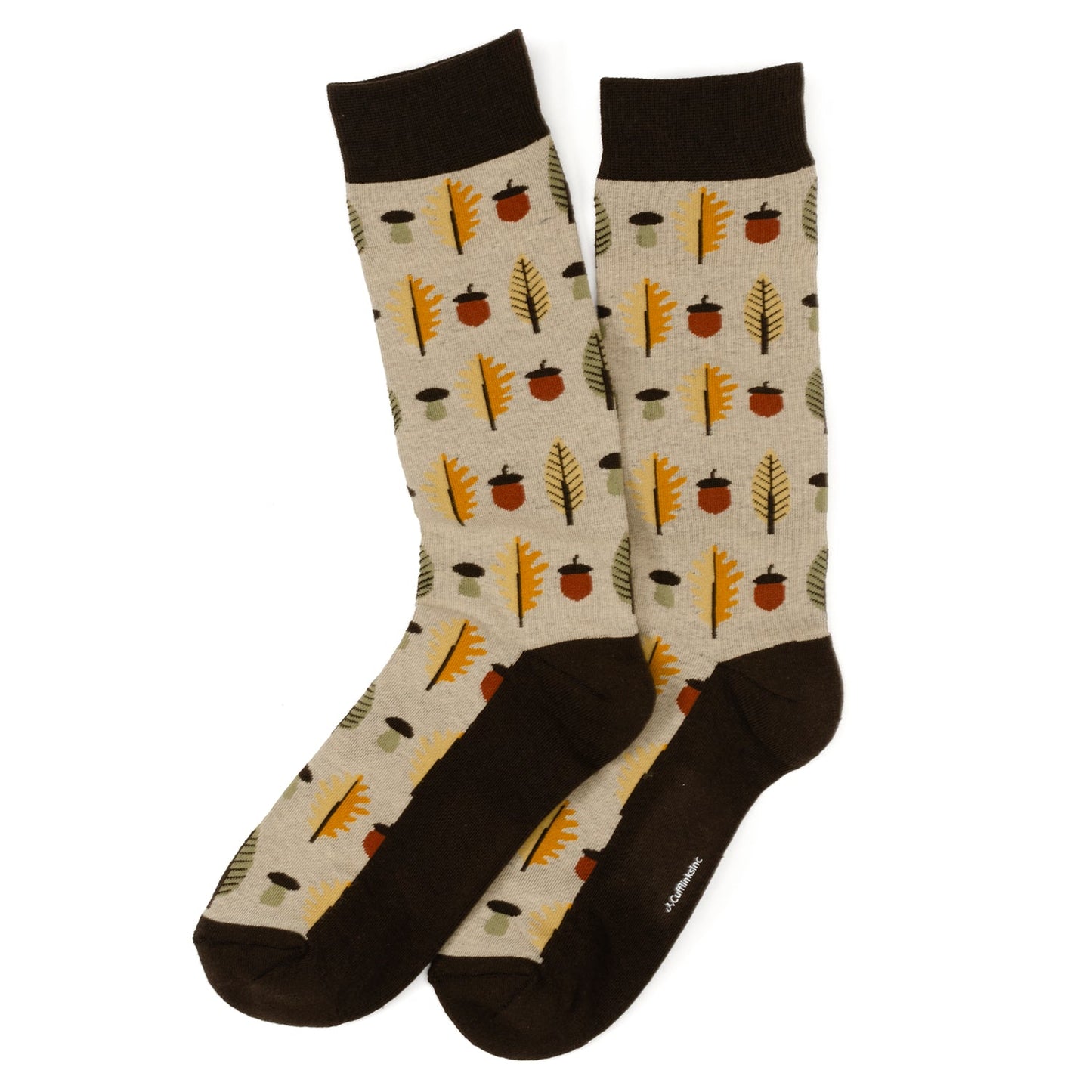Autumn Air Tan Men's Socks by Cufflinks.com feature a beige color with brown toe, heel, and cuff, plus yellow and orange leaves with brown acorns. These comfy cotton blend socks are ideal for adding fall flair to any look.