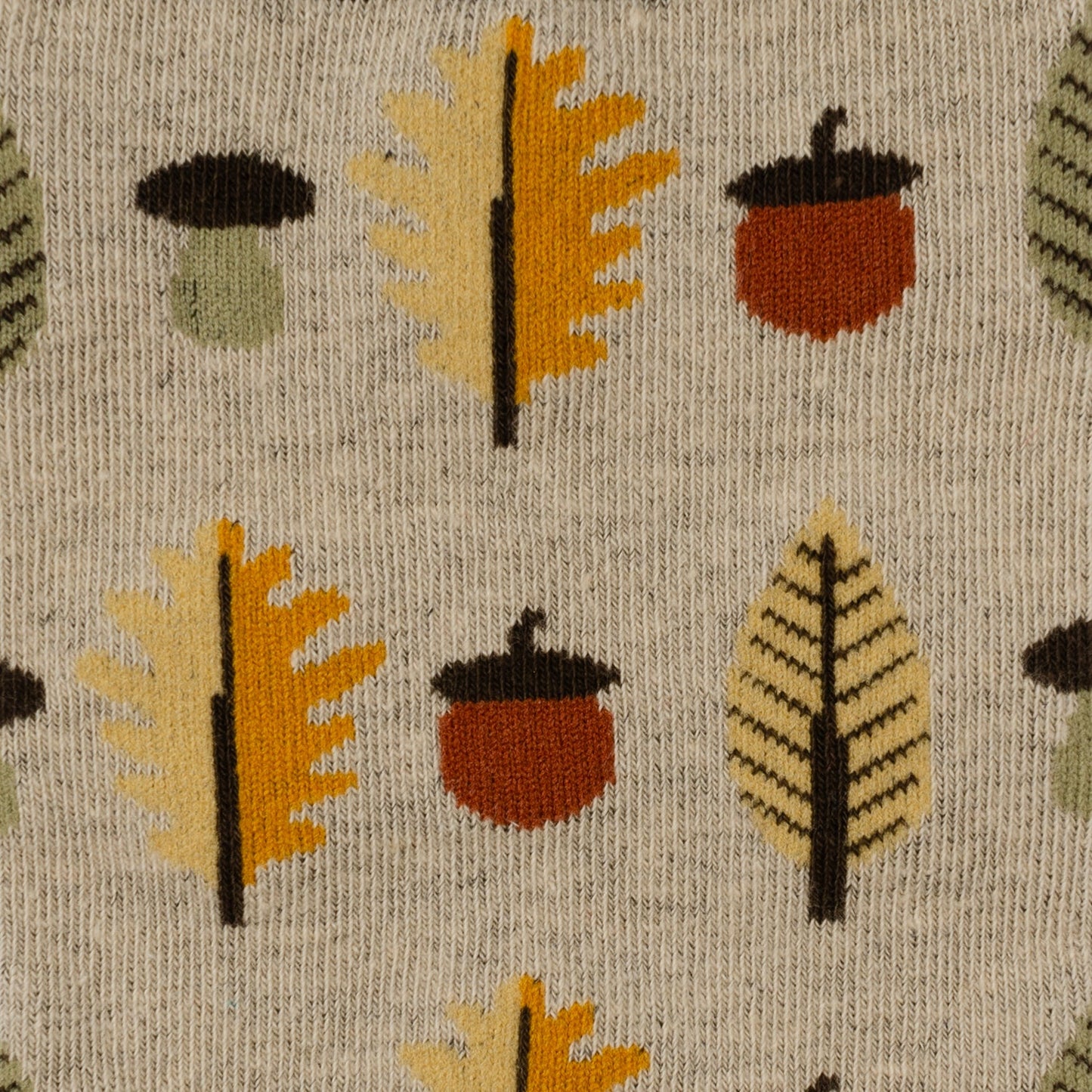 Autumn Air Tan Men's Socks by Cufflinks.com feature a beige color with brown toe, heel, and cuff, plus yellow and orange leaves with brown acorns. These comfy cotton blend socks are ideal for adding fall flair to any look.