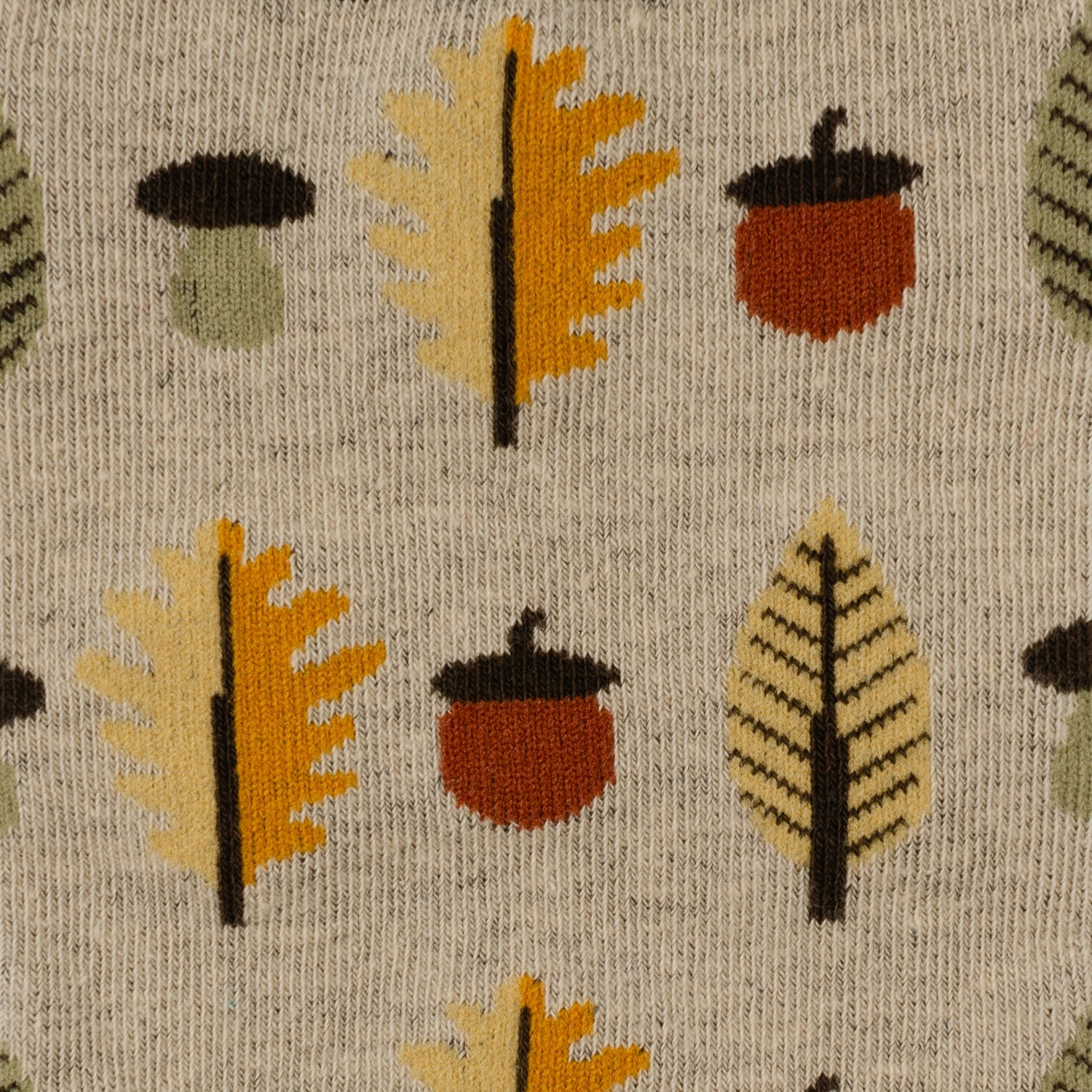 Autumn Air Tan Men's Socks by Cufflinks.com feature a beige color with brown toe, heel, and cuff, plus yellow and orange leaves with brown acorns. These comfy cotton blend socks are ideal for adding fall flair to any look.