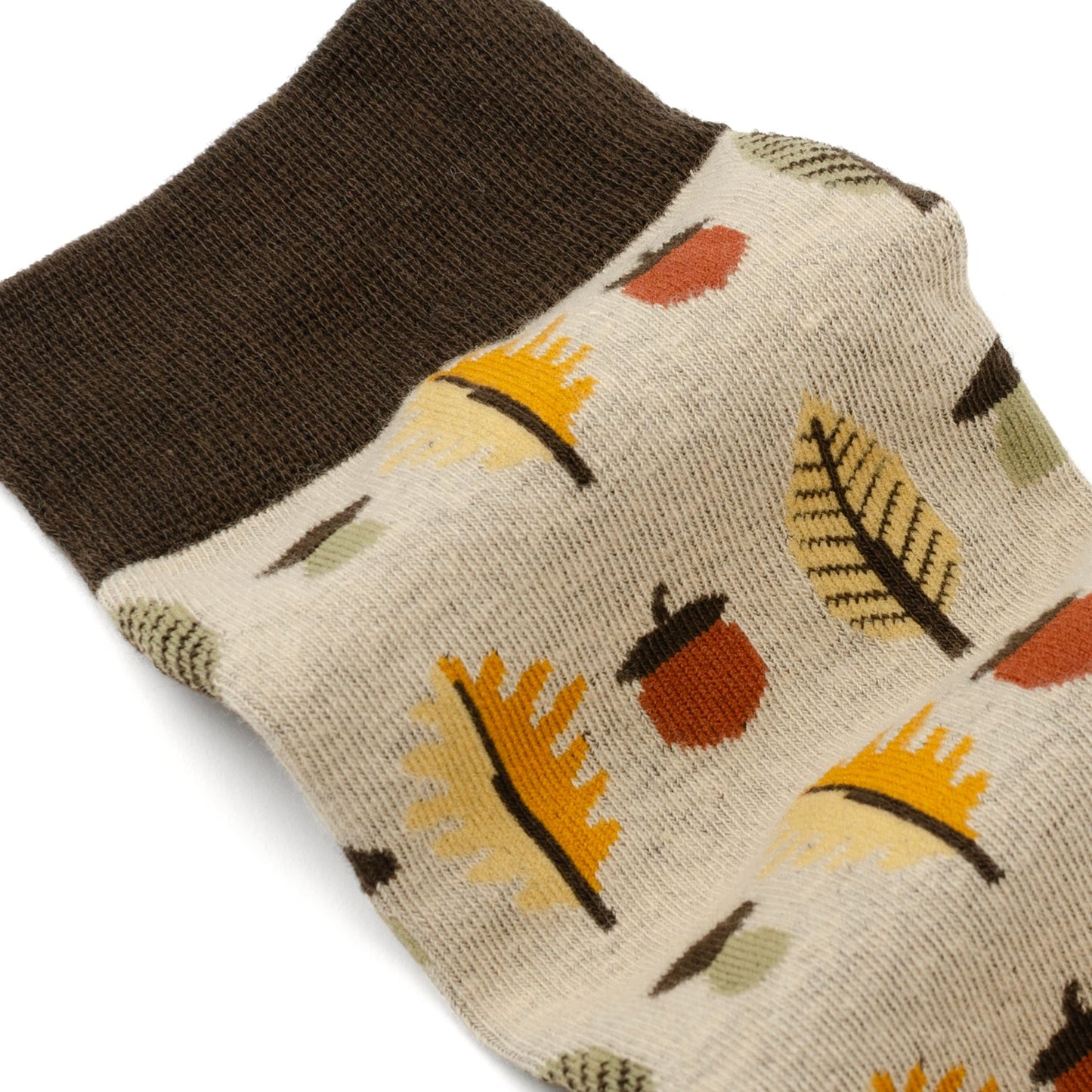Autumn Air Tan Men's Socks by Cufflinks.com feature a beige color with brown toe, heel, and cuff, plus yellow and orange leaves with brown acorns. These comfy cotton blend socks are ideal for adding fall flair to any look.