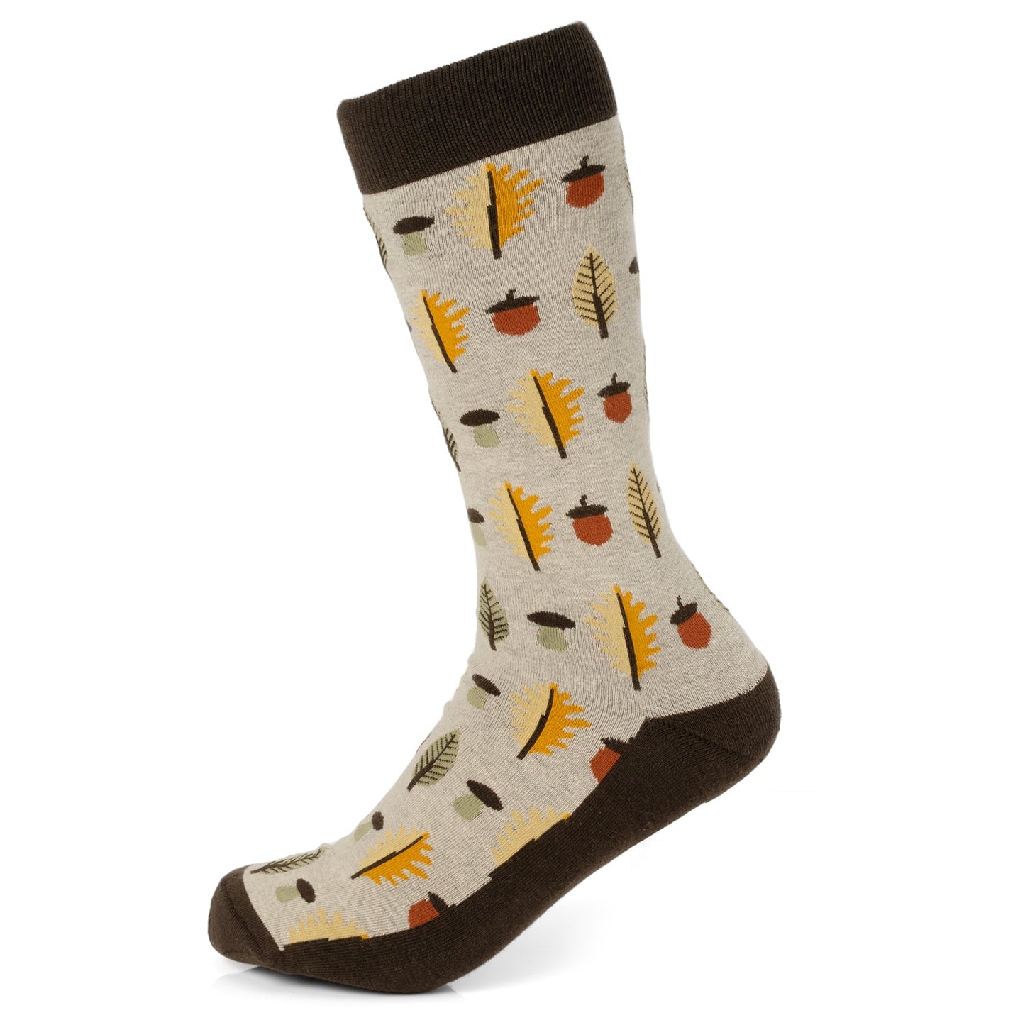 Autumn Air Tan Men's Socks by Cufflinks.com feature a beige color with brown toe, heel, and cuff, plus yellow and orange leaves with brown acorns. These comfy cotton blend socks are ideal for adding fall flair to any look.