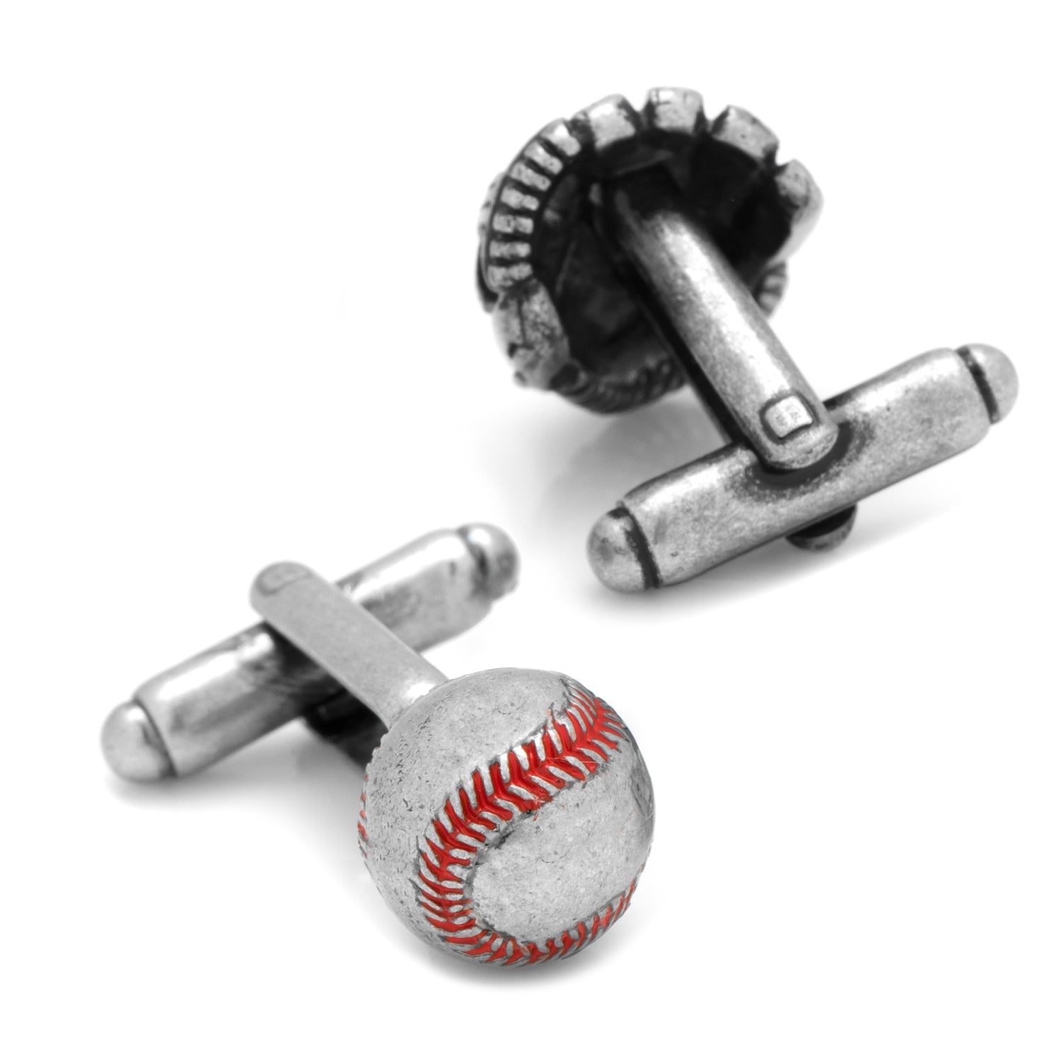 Cufflinks.com Baseball and Glove Antique Silver Cufflinks feature a 3D sculpted baseball and glove design, shown on a white background.