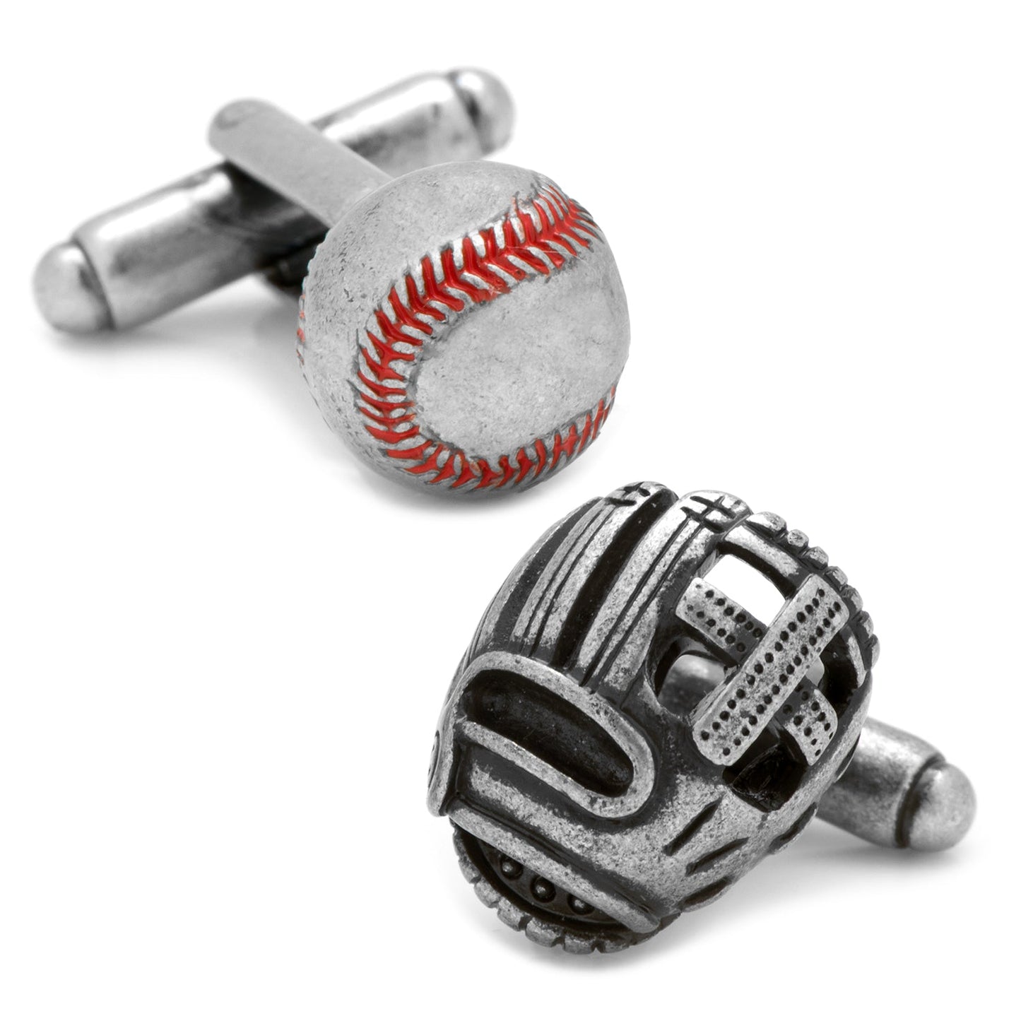 Baseball and Glove Antique Silver Cufflinks by Cufflinks.com feature 3D sculpted baseball and glove designs with antique plating, shown on a white background.