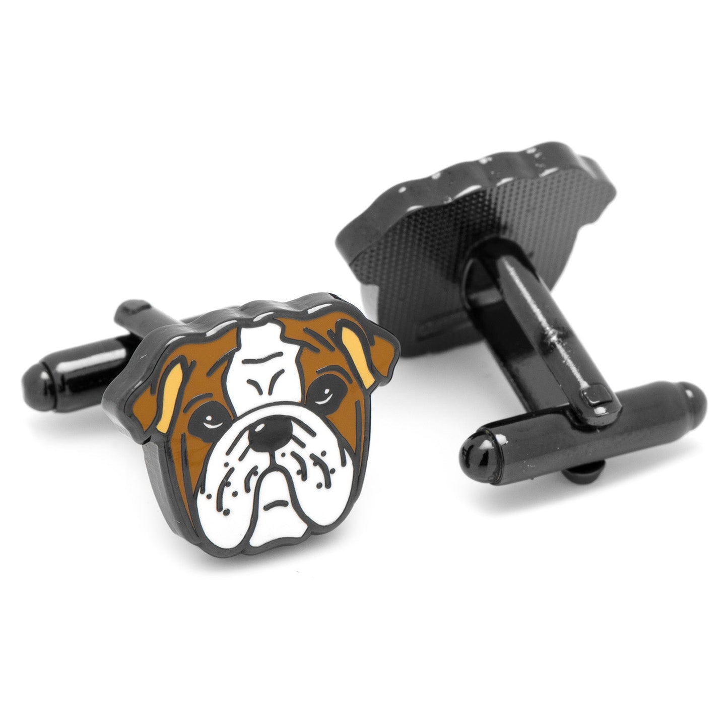 The English Bulldog Cufflinks by Cufflinks.com showcase a cartoon bulldog face with brown, white, and black details—an ideal gift for any dog lover’s accessory collection.