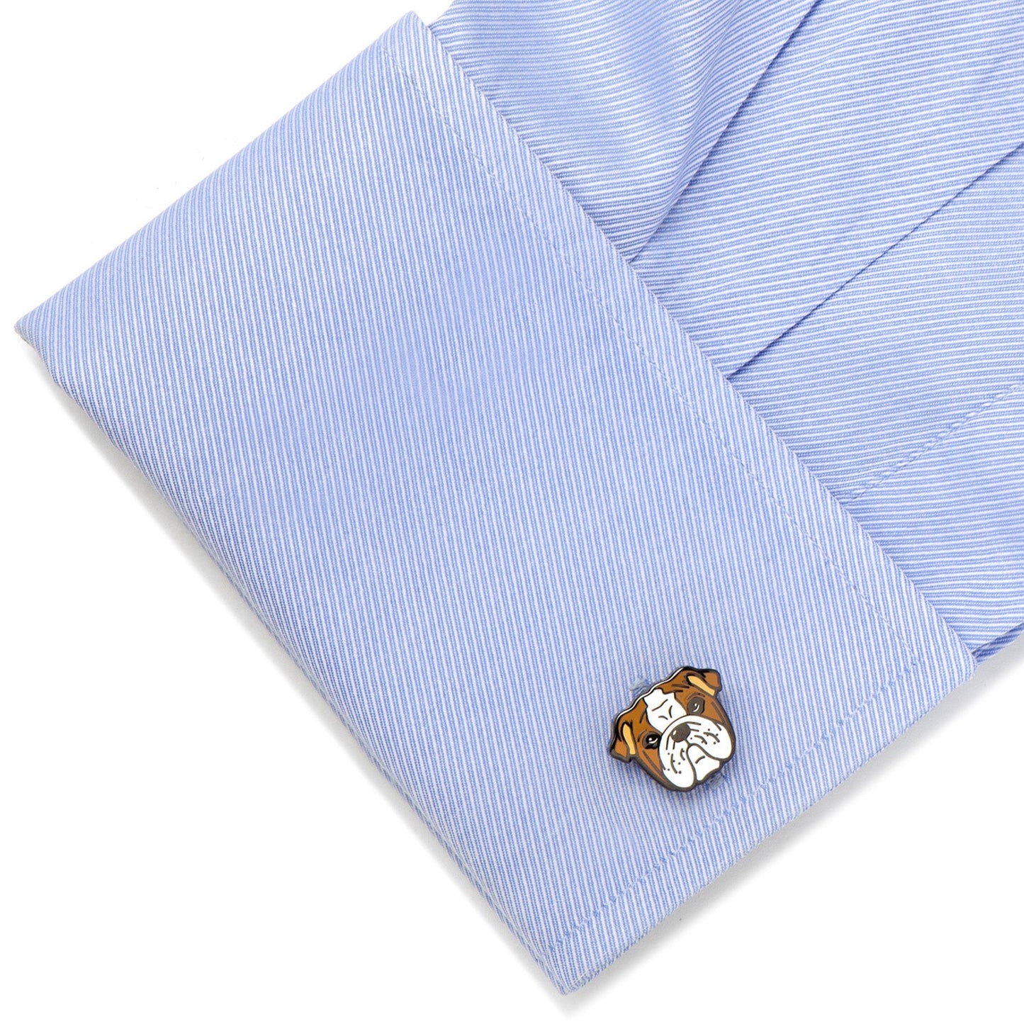 The English Bulldog Cufflinks by Cufflinks.com showcase a cartoon bulldog face with brown, white, and black details—an ideal gift for any dog lover’s accessory collection.