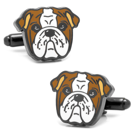 The English Bulldog Cufflinks by Cufflinks.com showcase a cartoon bulldog face with brown, white, and black details—an ideal gift for any dog lover’s accessory collection.