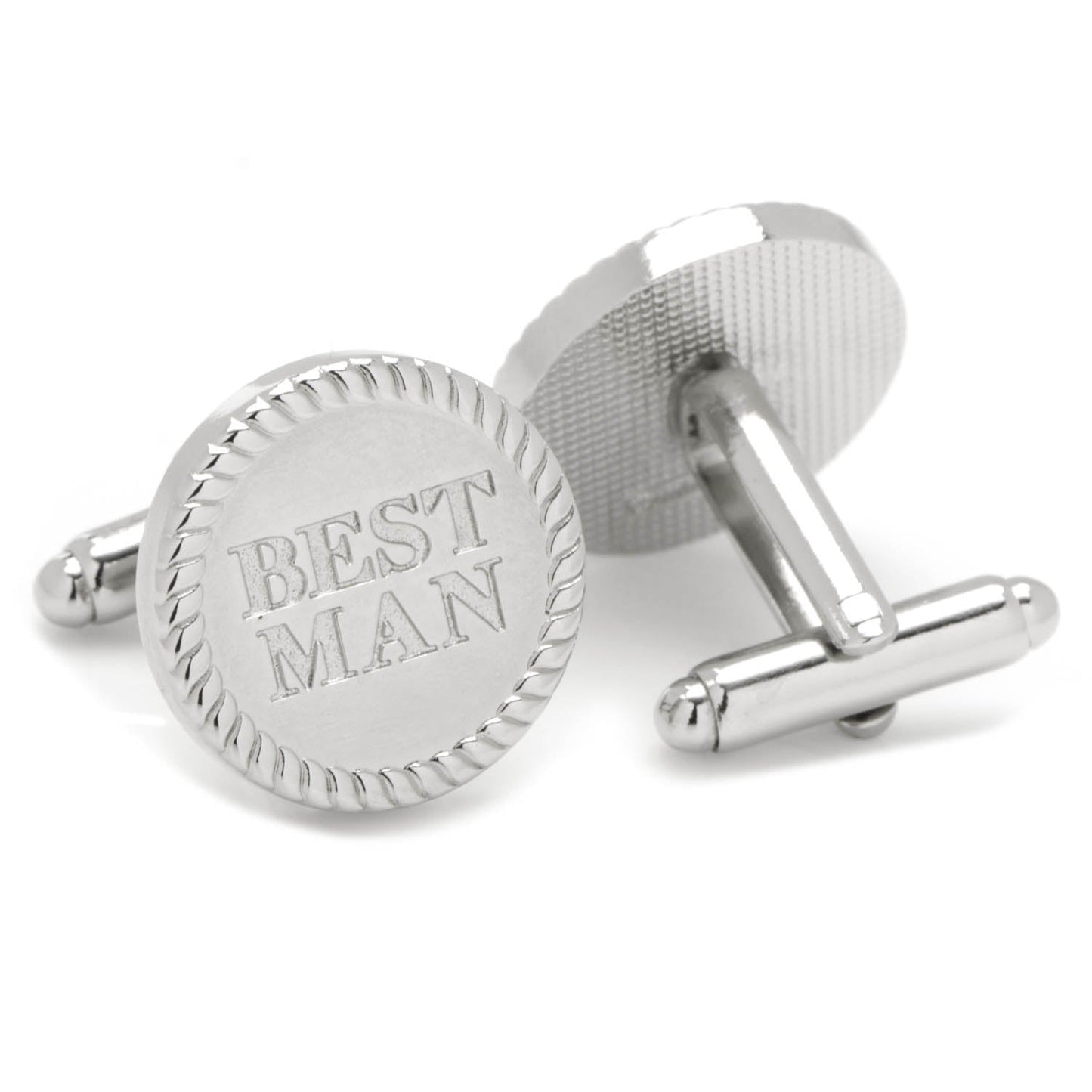 Cufflinks.com Best Man Cufflinks—round silver design with rope border and "BEST MAN" engraving—make a unique and perfect gift for your wedding party.
