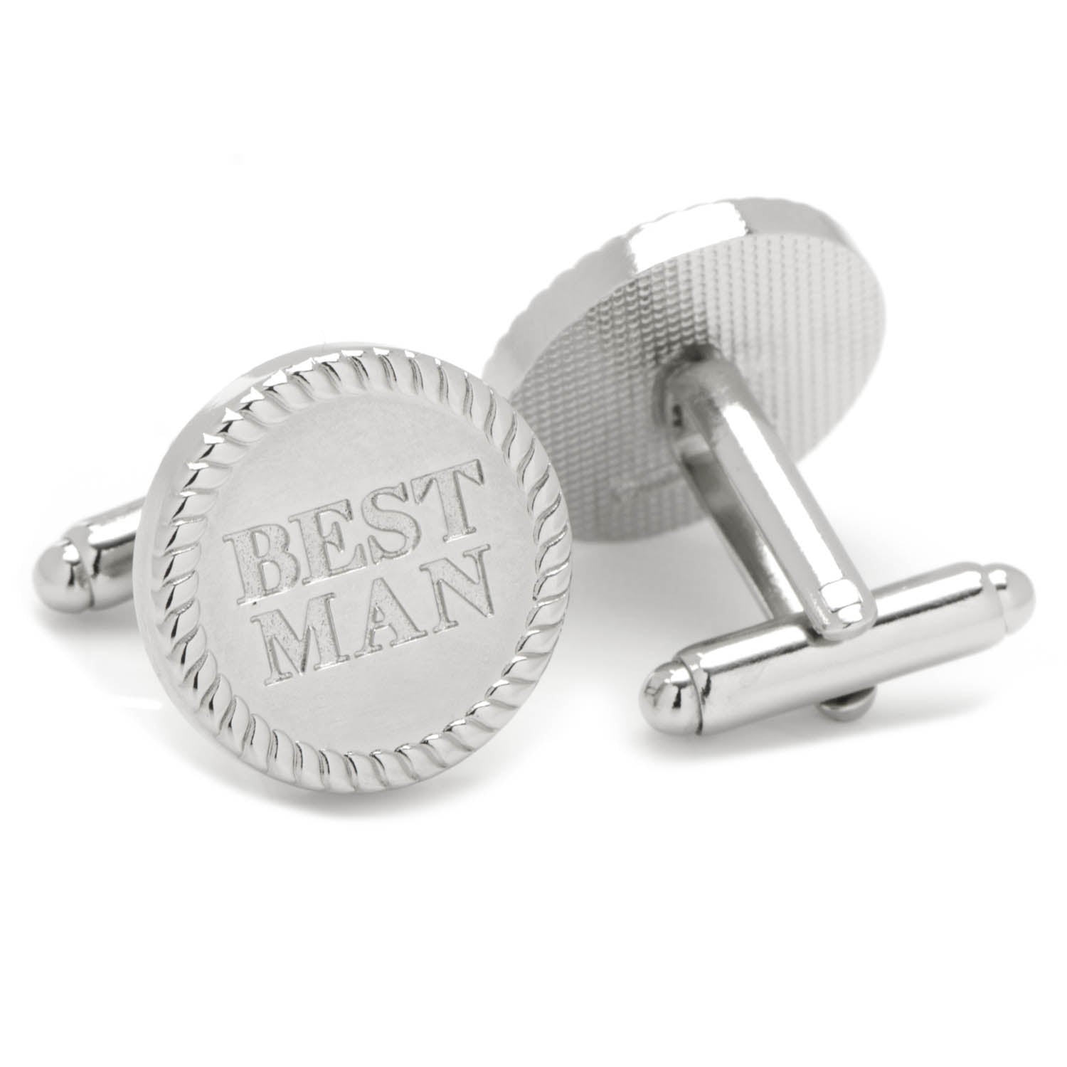 Cufflinks.com Best Man Cufflinks—round silver design with rope border and "BEST MAN" engraving—make a unique and perfect gift for your wedding party.