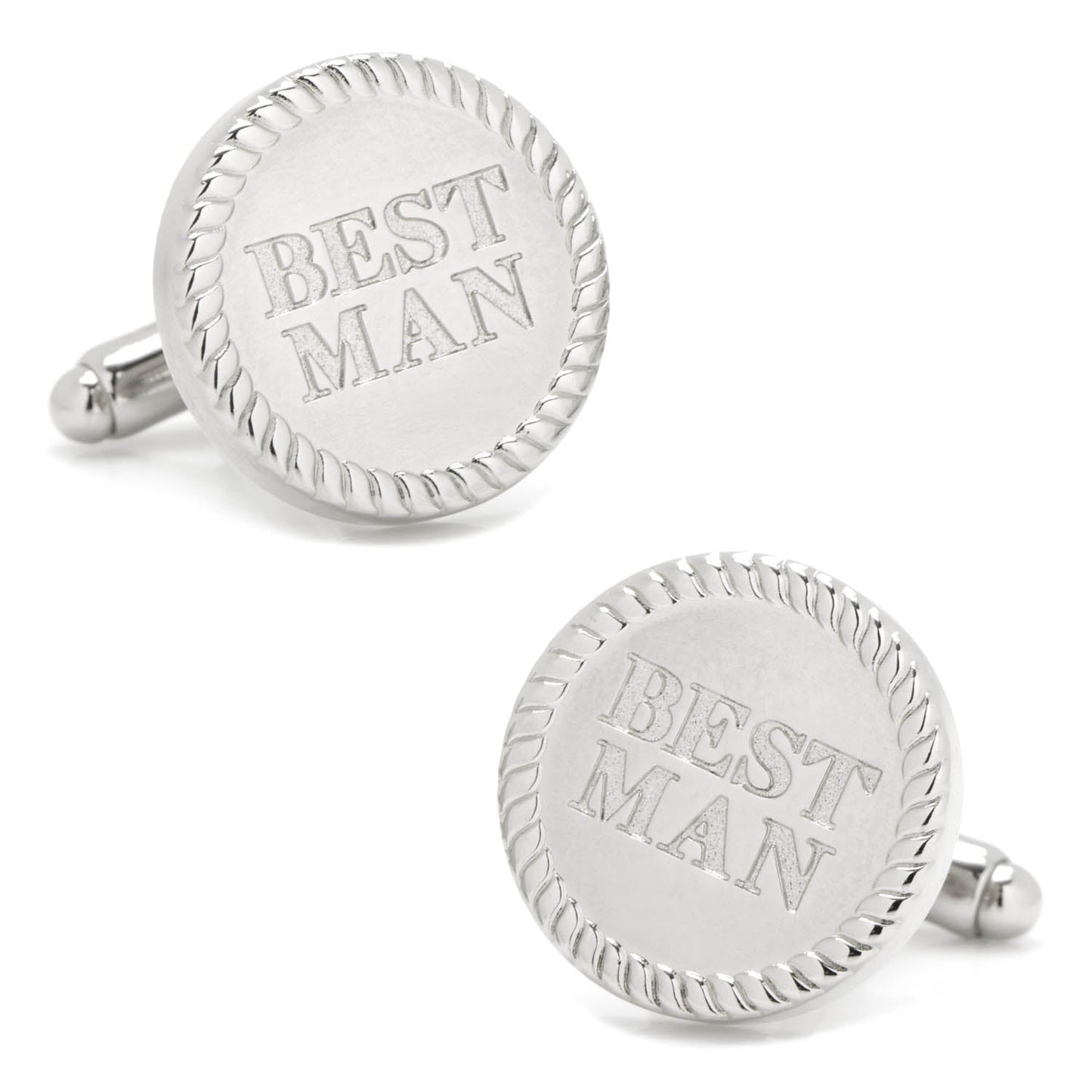 Cufflinks.com Best Man Cufflinks—round silver design with rope border and "BEST MAN" engraving—make a unique and perfect gift for your wedding party.