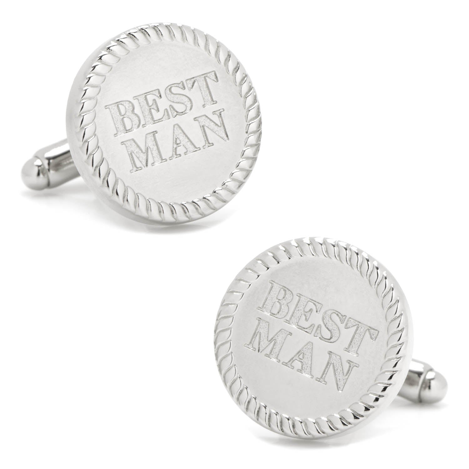Cufflinks.com Best Man Cufflinks—round silver design with rope border and "BEST MAN" engraving—make a unique and perfect gift for your wedding party.