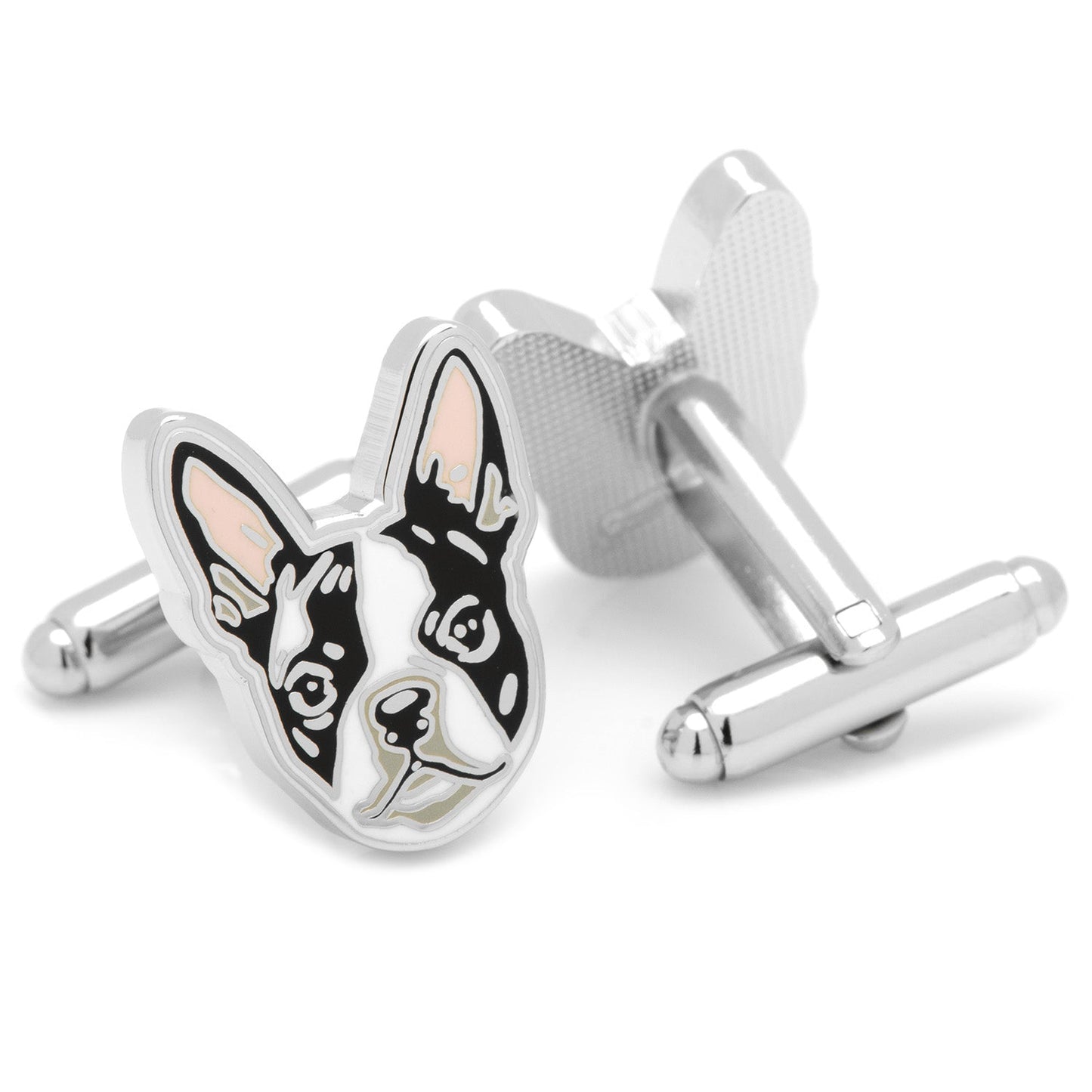 Boston Terrier Cufflinks by Cufflinks.com showcase cartoon-style dog faces with black, white, and light pink enamel accents—perfect for any dog lover.