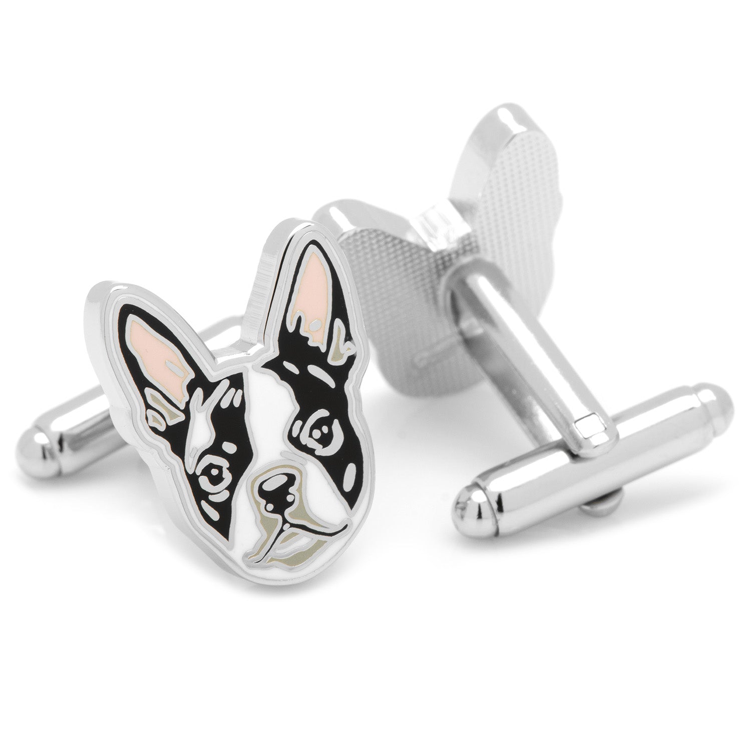 Boston Terrier Cufflinks by Cufflinks.com showcase cartoon-style dog faces with black, white, and light pink enamel accents—perfect for any dog lover.