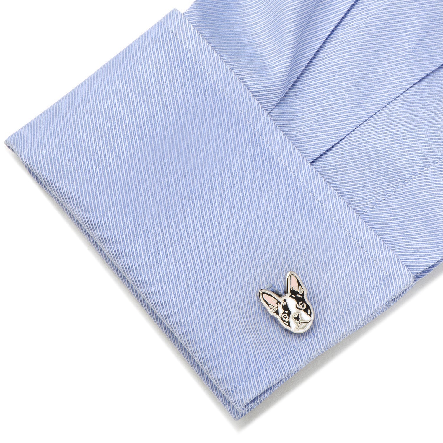 Boston Terrier Cufflinks by Cufflinks.com showcase cartoon-style dog faces with black, white, and light pink enamel accents—perfect for any dog lover.