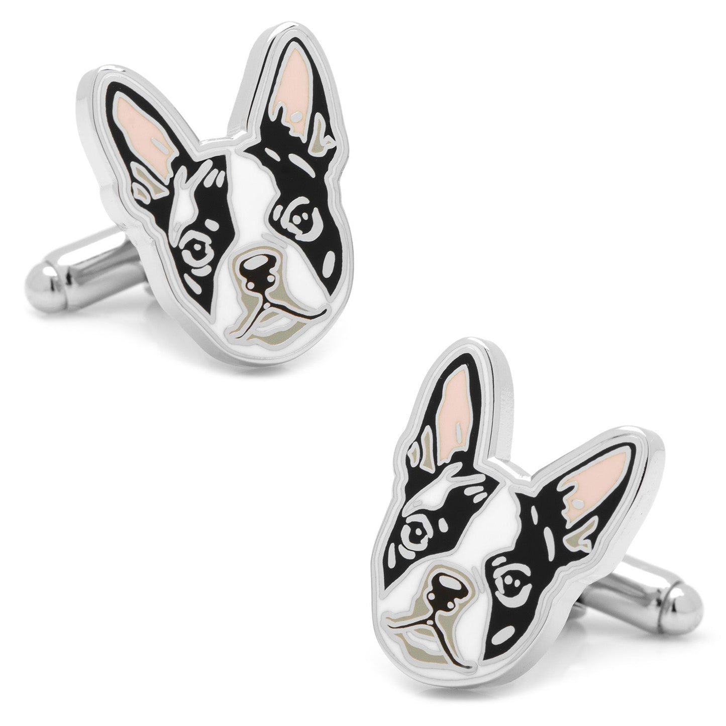 Boston Terrier Cufflinks by Cufflinks.com showcase cartoon-style dog faces with black, white, and light pink enamel accents—perfect for any dog lover.
