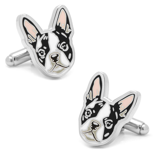Boston Terrier Cufflinks by Cufflinks.com showcase cartoon-style dog faces with black, white, and light pink enamel accents—perfect for any dog lover.