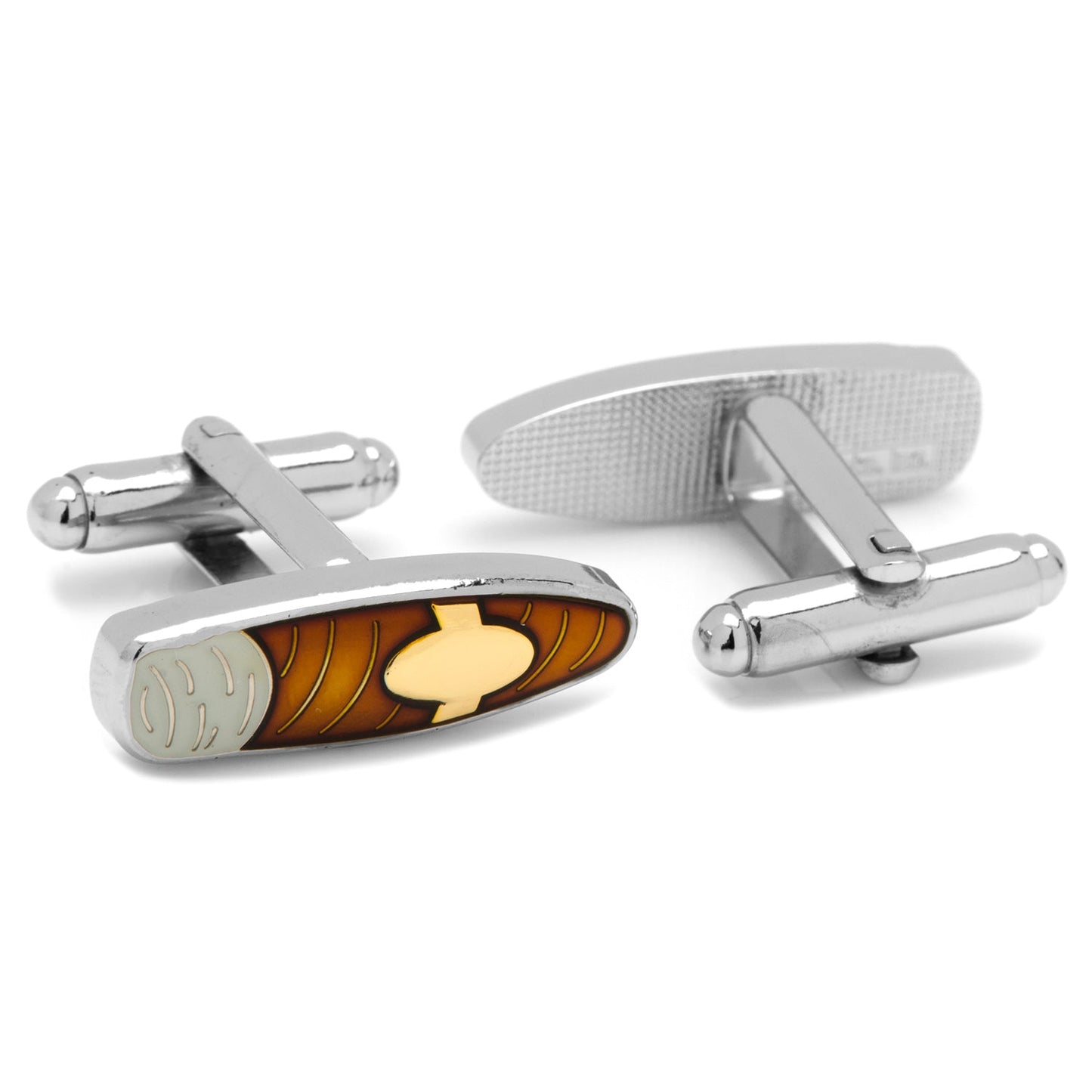 Cigar Cufflinks by Cufflinks.com feature an enamel design with brown, yellow, and silver tones, resembling a wood and metal oval pattern.