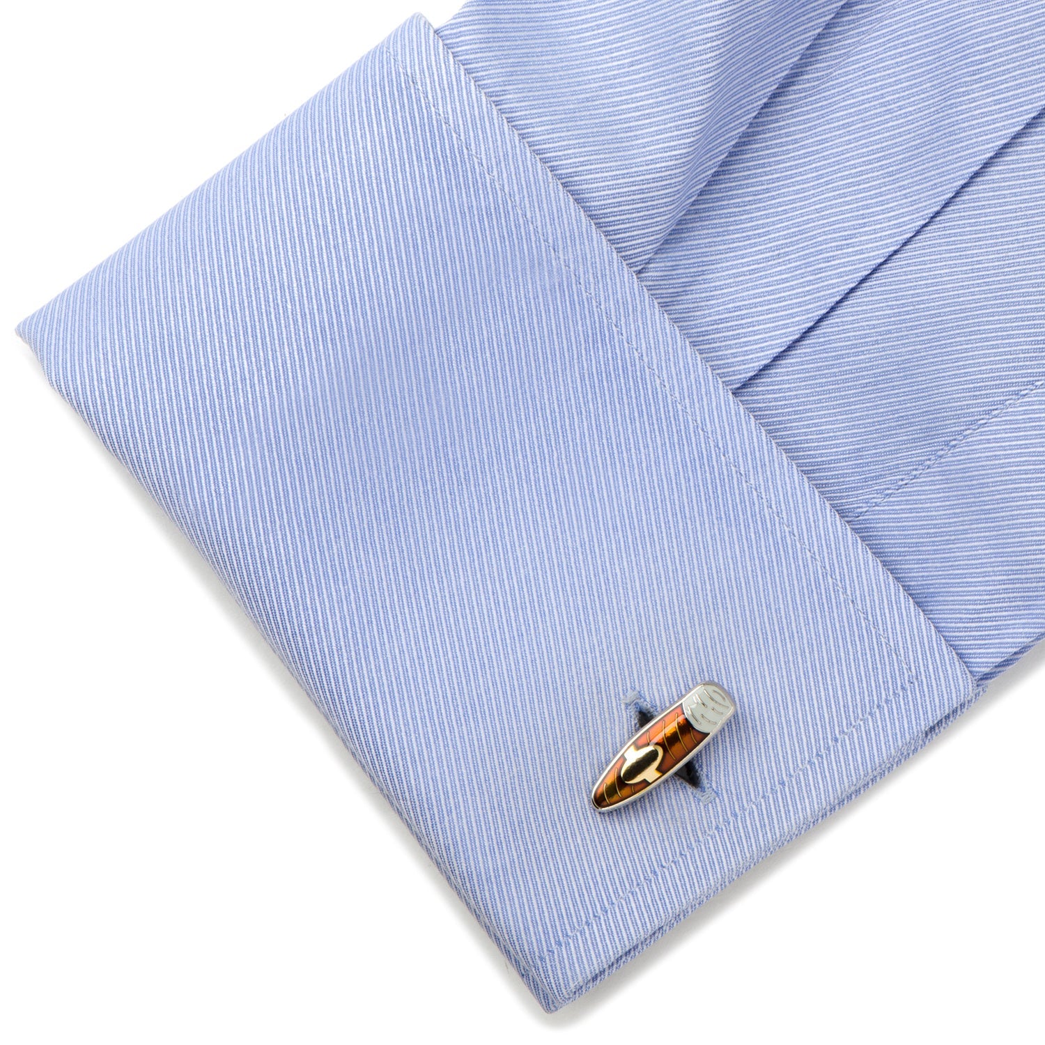 Cigar Cufflinks by Cufflinks.com feature an enamel design with brown, yellow, and silver tones, resembling a wood and metal oval pattern.
