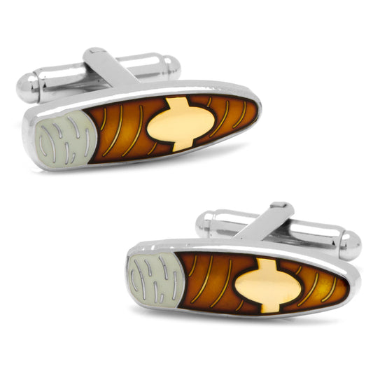 Cigar Cufflinks by Cufflinks.com feature an enamel design with brown, yellow, and silver tones, resembling a wood and metal oval pattern.
