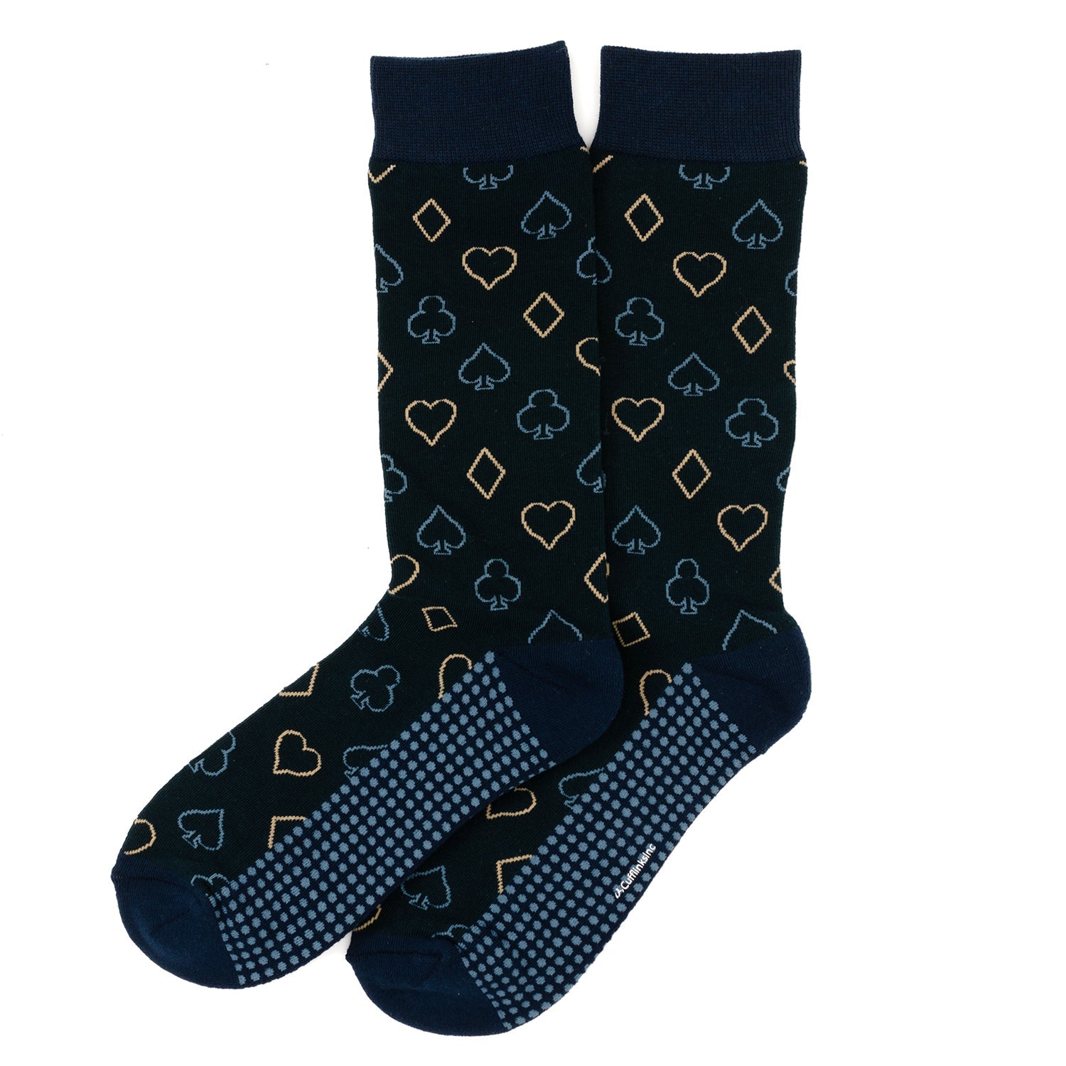 Cufflinks.com Card Suits Casino Blue Men's Socks feature blue and gold club, spade, heart, and diamond details plus non-slip soles—a stylish choice for card game fans.