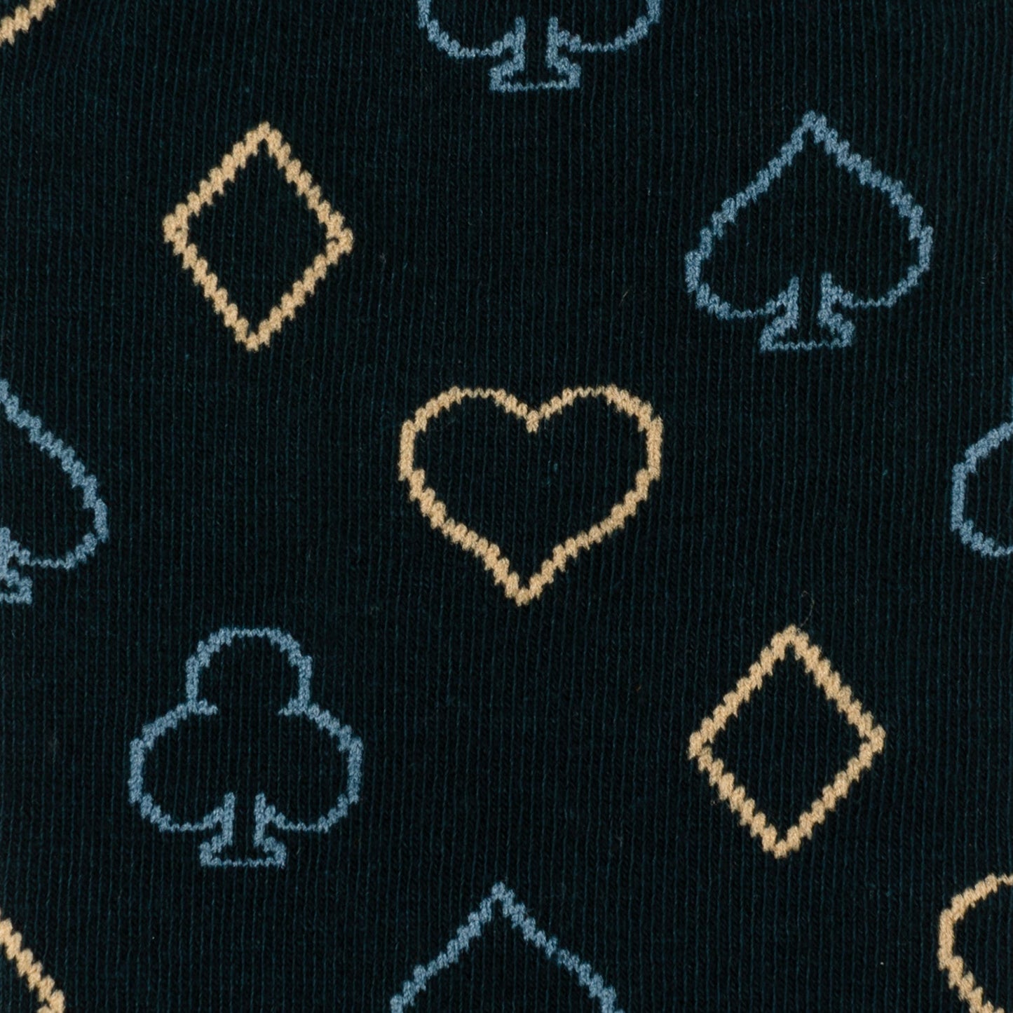 Cufflinks.com Card Suits Casino Blue Men's Socks feature blue and gold club, spade, heart, and diamond details plus non-slip soles—a stylish choice for card game fans.