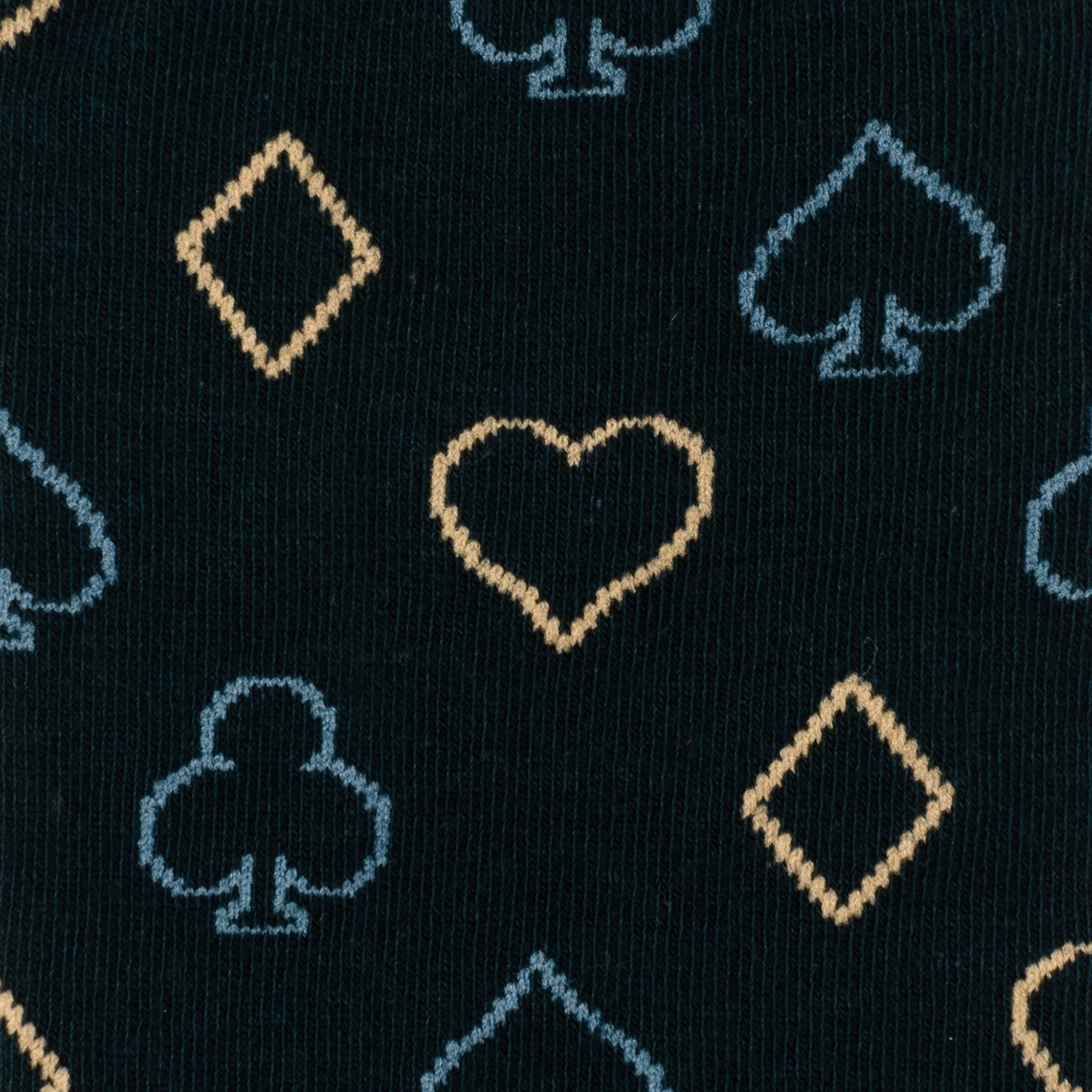 Cufflinks.com Card Suits Casino Blue Men's Socks feature blue and gold club, spade, heart, and diamond details plus non-slip soles—a stylish choice for card game fans.