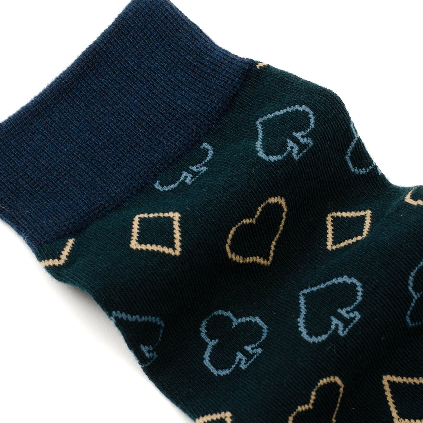 Cufflinks.com Card Suits Casino Blue Men's Socks feature blue and gold club, spade, heart, and diamond details plus non-slip soles—a stylish choice for card game fans.