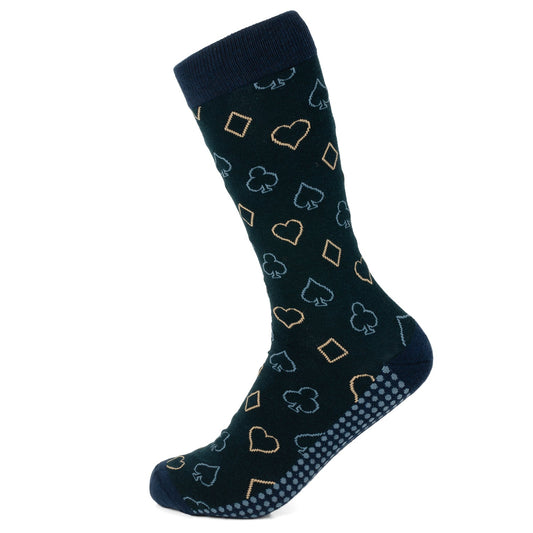 Cufflinks.com Card Suits Casino Blue Men's Socks feature blue and gold club, spade, heart, and diamond details plus non-slip soles—a stylish choice for card game fans.
