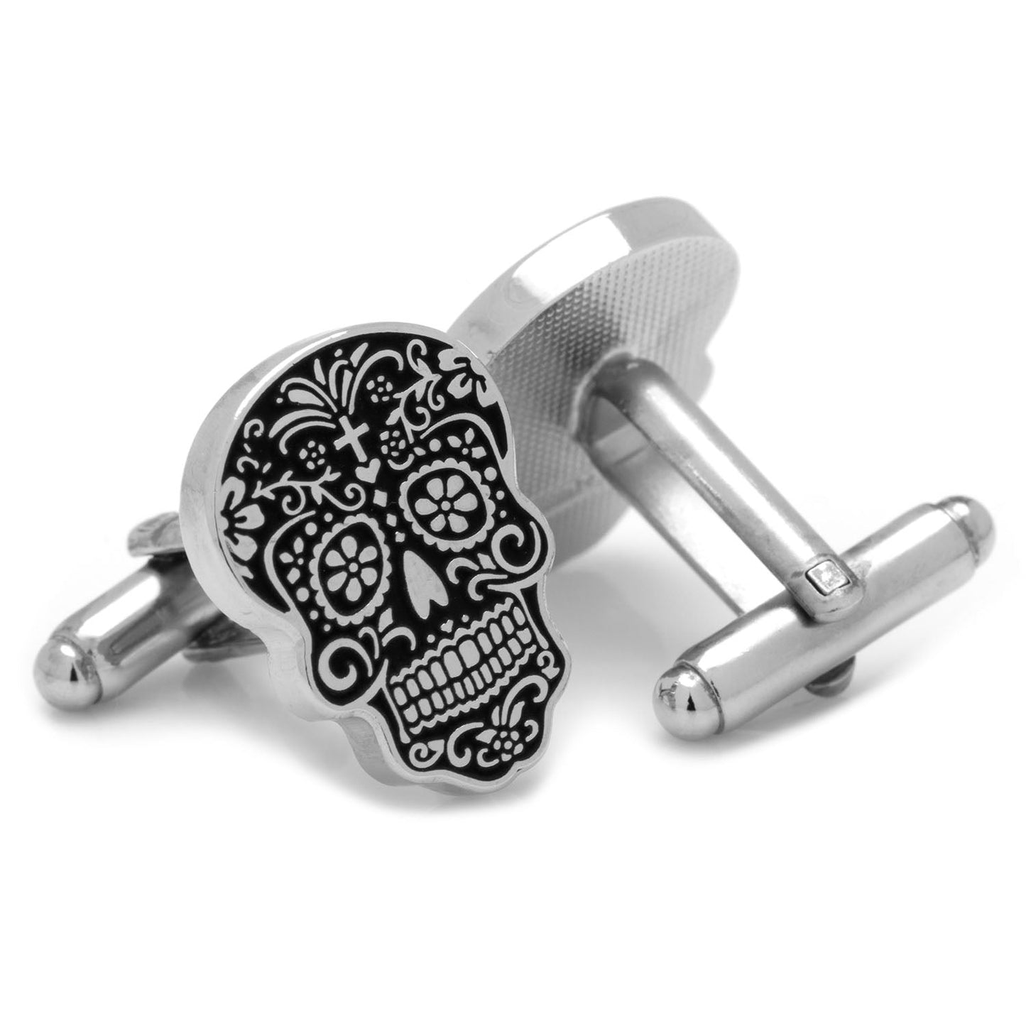 The Silver Day of the Dead Cufflinks from Cufflinks.com feature skull shapes with detailed black and white sugar skull designs, inspired by Día de los Muertos.