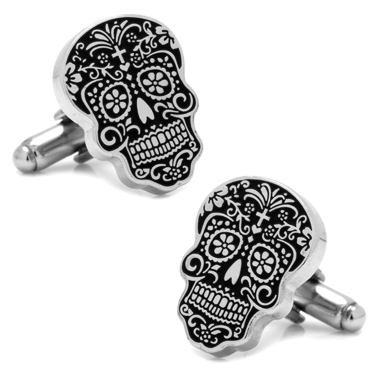 The Silver Day of the Dead Cufflinks from Cufflinks.com feature skull shapes with detailed black and white sugar skull designs, inspired by Día de los Muertos.