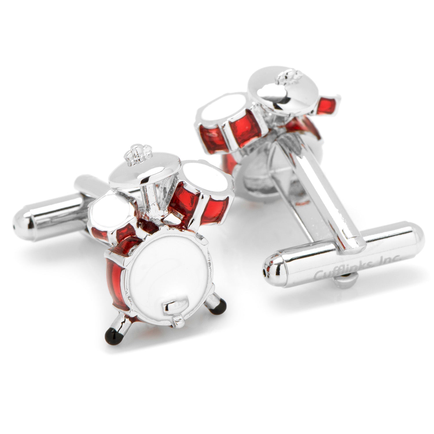 Drum Set Cufflinks by Cufflinks.com feature a silver tone miniature drum set design with red and white enamel accents, including bass drum, snare, toms, and cymbals, shown on a white background.