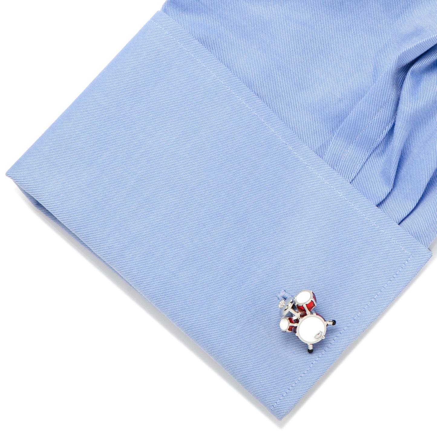 Drum Set Cufflinks by Cufflinks.com feature a silver tone miniature drum set design with red and white enamel accents, including bass drum, snare, toms, and cymbals, shown on a white background.