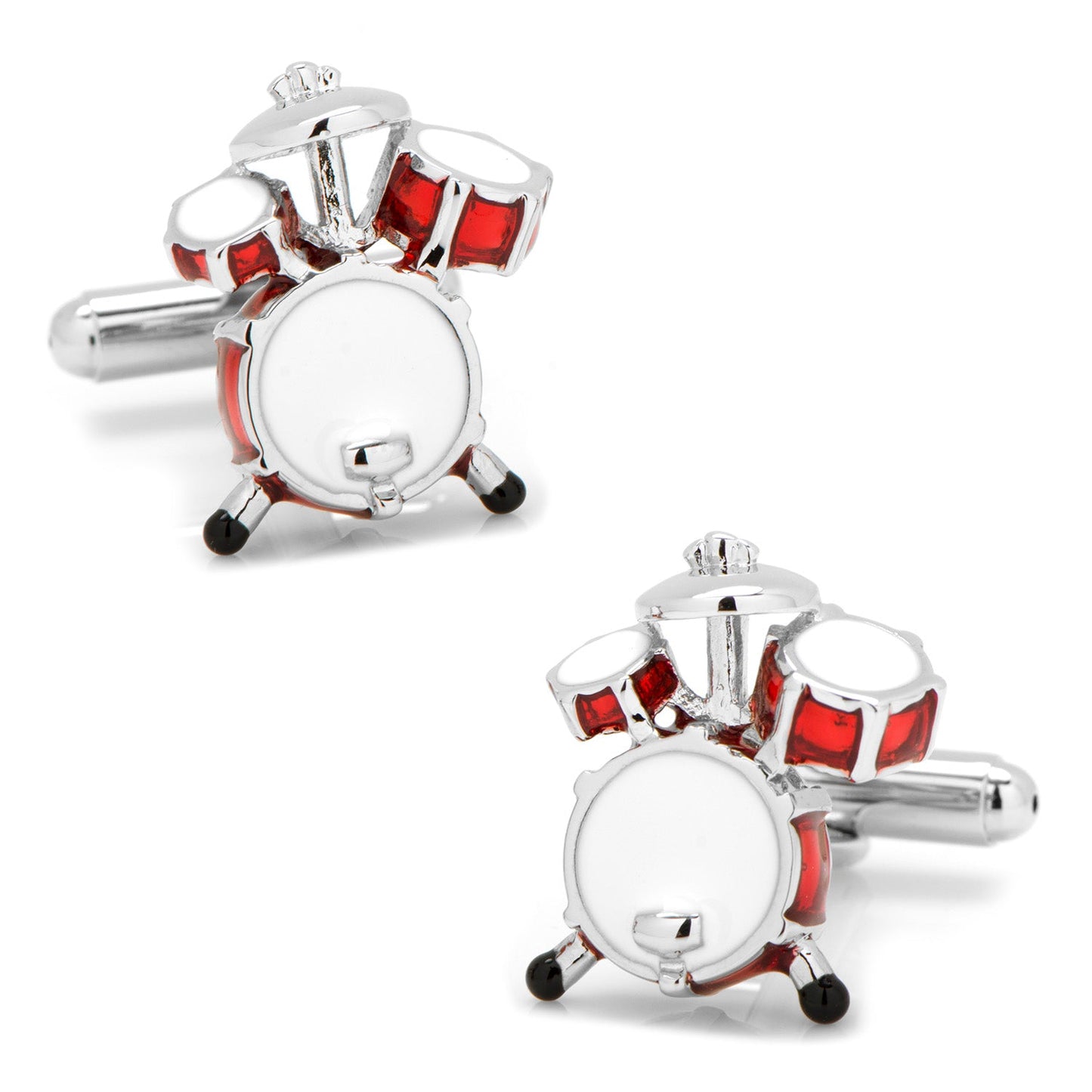 Drum Set Cufflinks by Cufflinks.com feature a silver tone miniature drum set design with red and white enamel accents, including bass drum, snare, toms, and cymbals, shown on a white background.