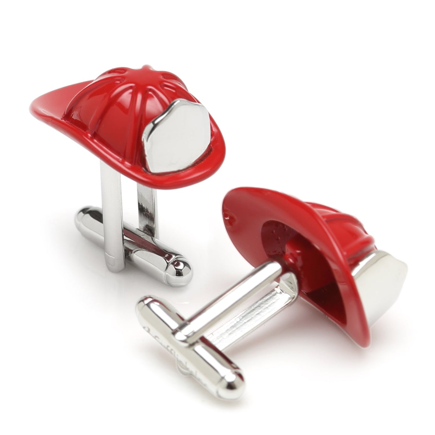 Fireman Hat 3D Cufflinks by Cufflinks.com feature enamel-coated red firefighter hats with silver accents, displayed on a white background.