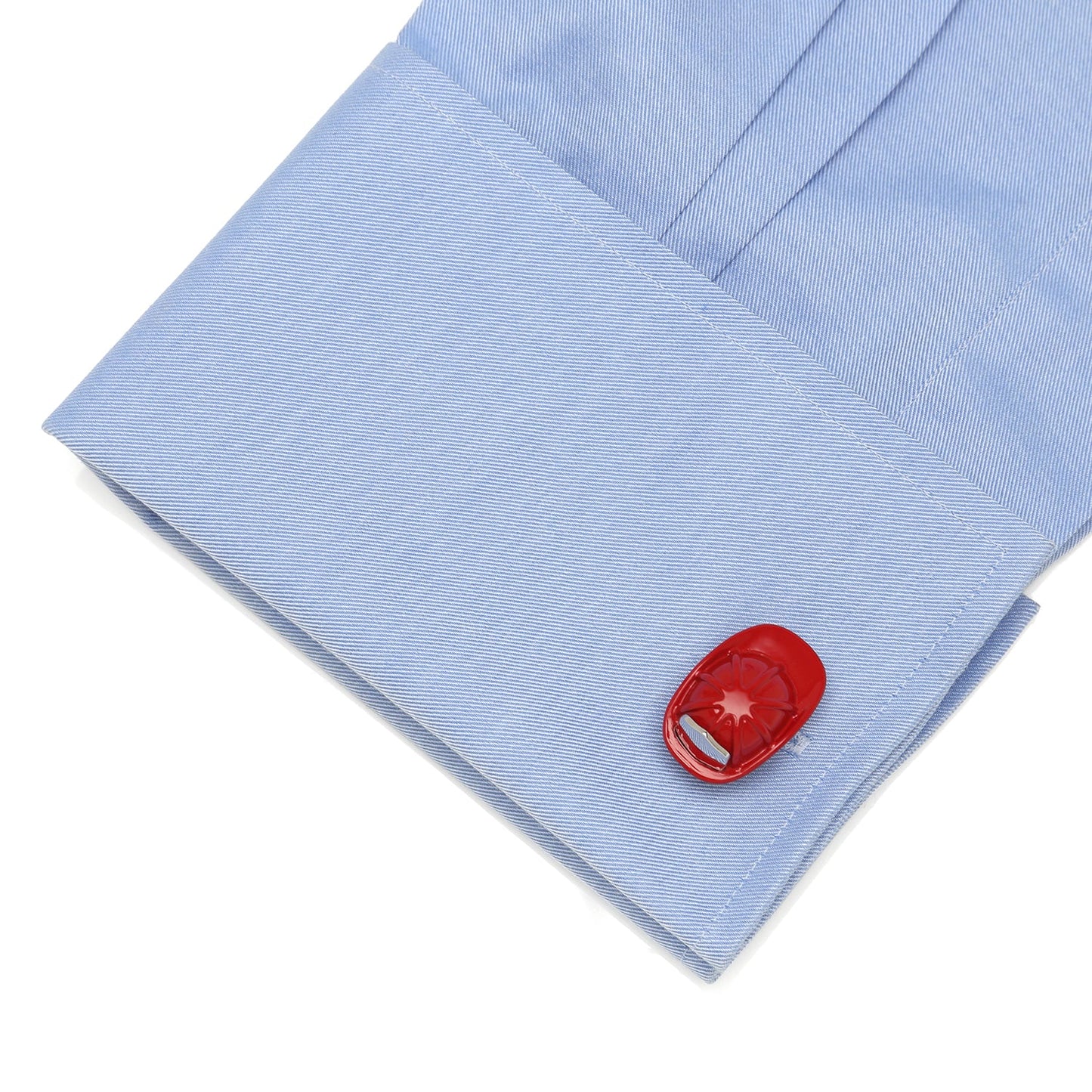 Fireman Hat 3D Cufflinks by Cufflinks.com feature enamel-coated red firefighter hats with silver accents, displayed on a white background.