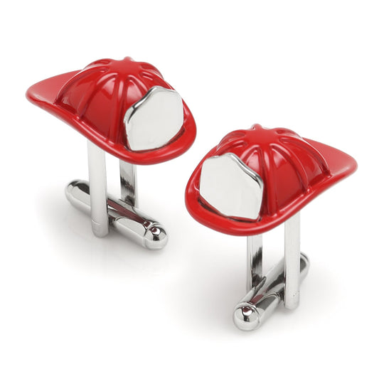 Fireman Hat 3D Cufflinks by Cufflinks.com feature enamel-coated red firefighter hats with silver accents, displayed on a white background.