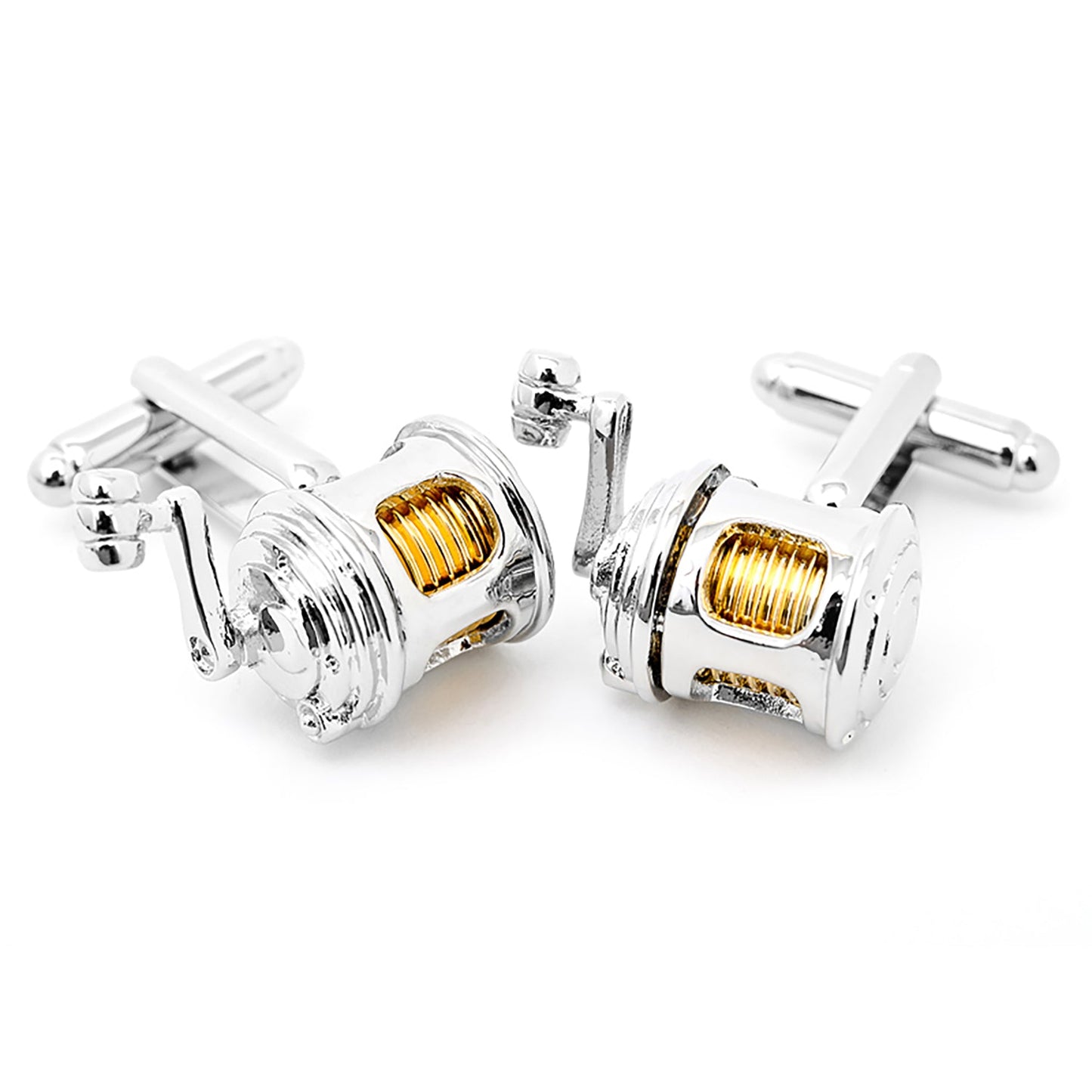 Fishing Reel Cufflinks by Cufflinks.com in silver and gold, crafted to mimic fishing reels; shown from two angles on a white background—ideal men's cufflinks and unique gifts for anglers.