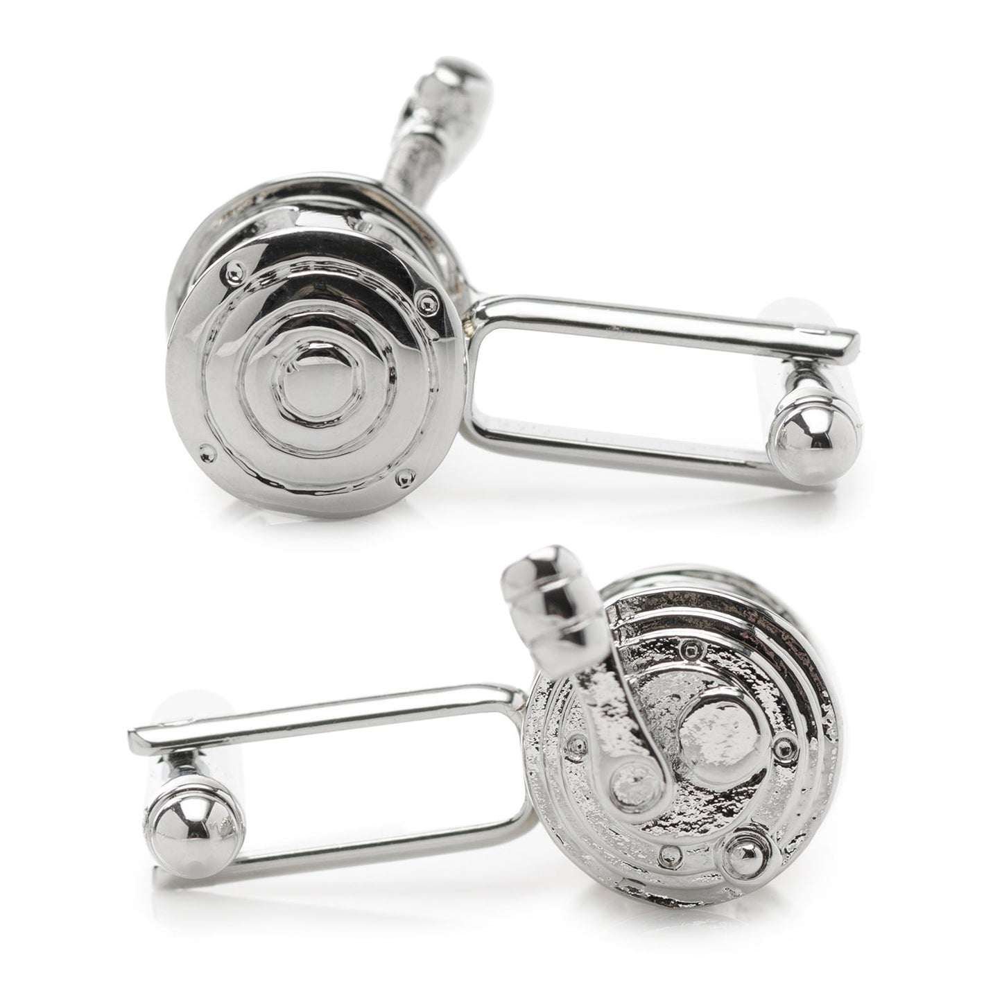 Fishing Reel Cufflinks by Cufflinks.com in silver and gold, crafted to mimic fishing reels; shown from two angles on a white background—ideal men's cufflinks and unique gifts for anglers.