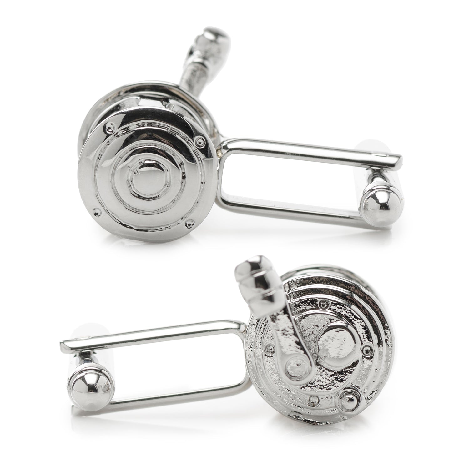 Fishing Reel Cufflinks by Cufflinks.com in silver and gold, crafted to mimic fishing reels; shown from two angles on a white background—ideal men's cufflinks and unique gifts for anglers.