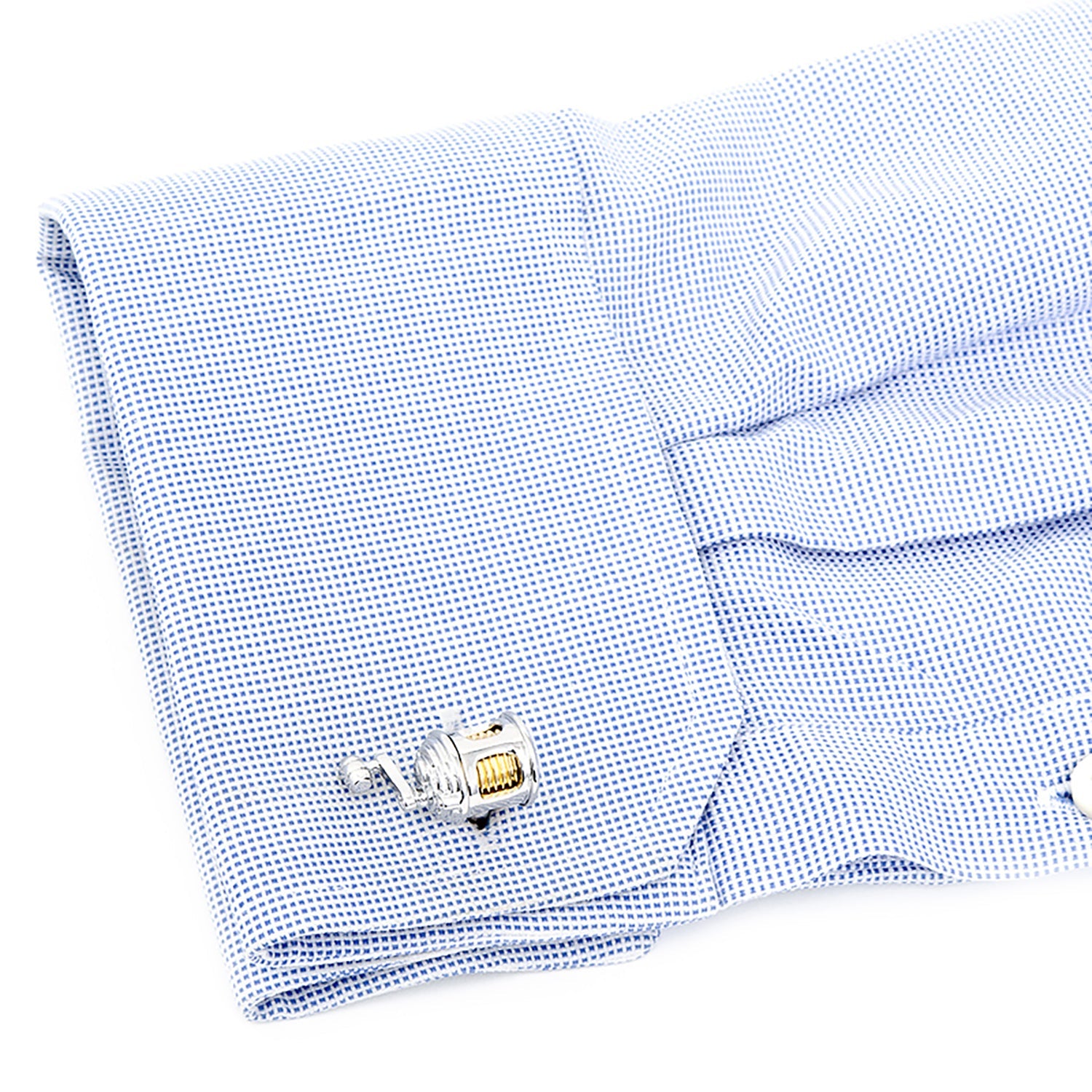 Fishing Reel Cufflinks by Cufflinks.com in silver and gold, crafted to mimic fishing reels; shown from two angles on a white background—ideal men's cufflinks and unique gifts for anglers.