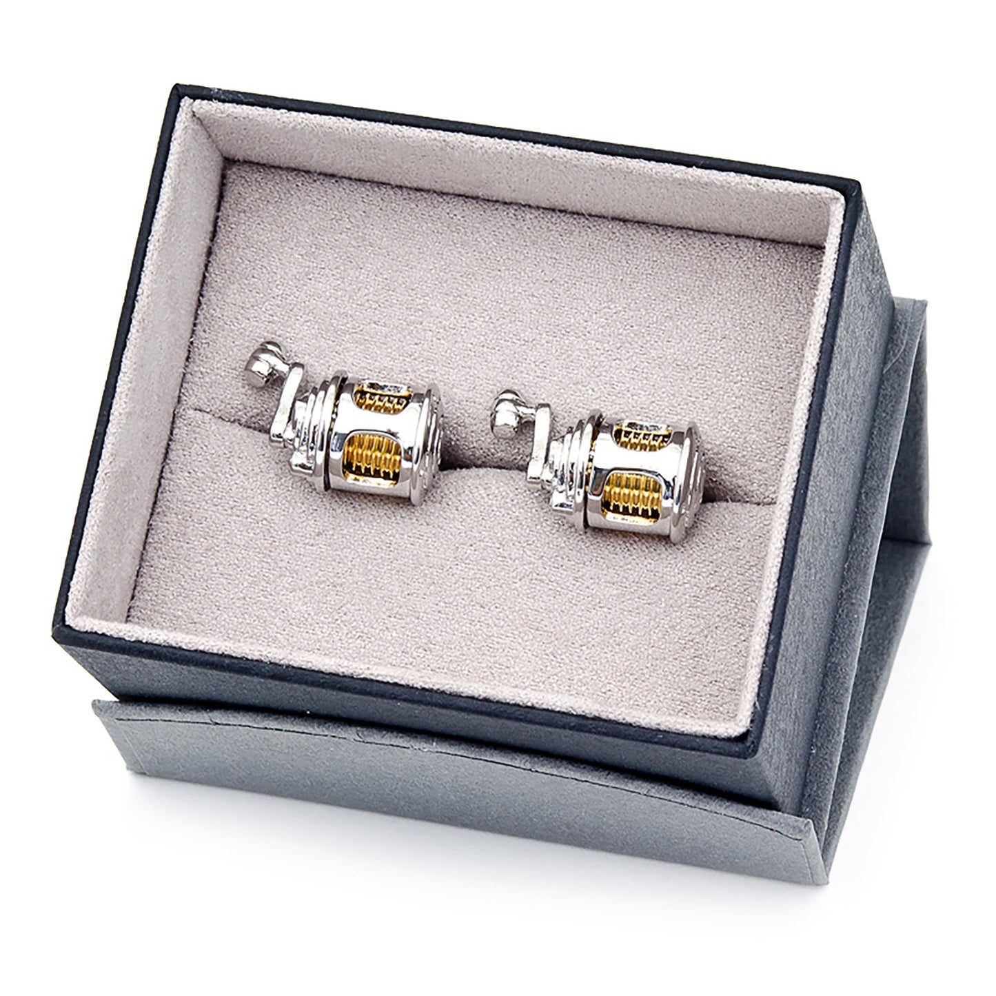 Fishing Reel Cufflinks by Cufflinks.com in silver and gold, crafted to mimic fishing reels; shown from two angles on a white background—ideal men's cufflinks and unique gifts for anglers.