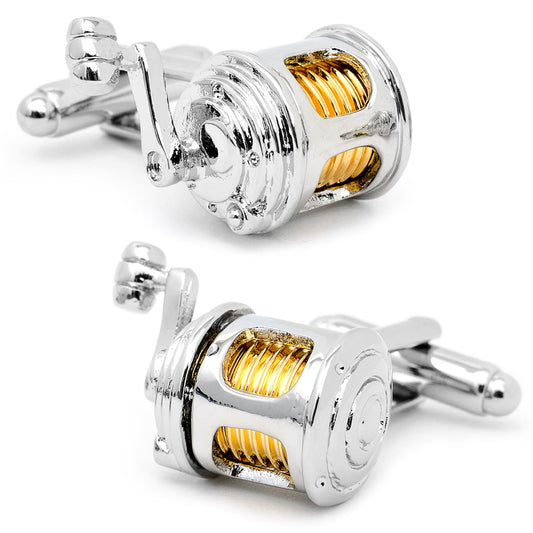 Fishing Reel Cufflinks by Cufflinks.com in silver and gold, crafted to mimic fishing reels; shown from two angles on a white background—ideal men's cufflinks and unique gifts for anglers.