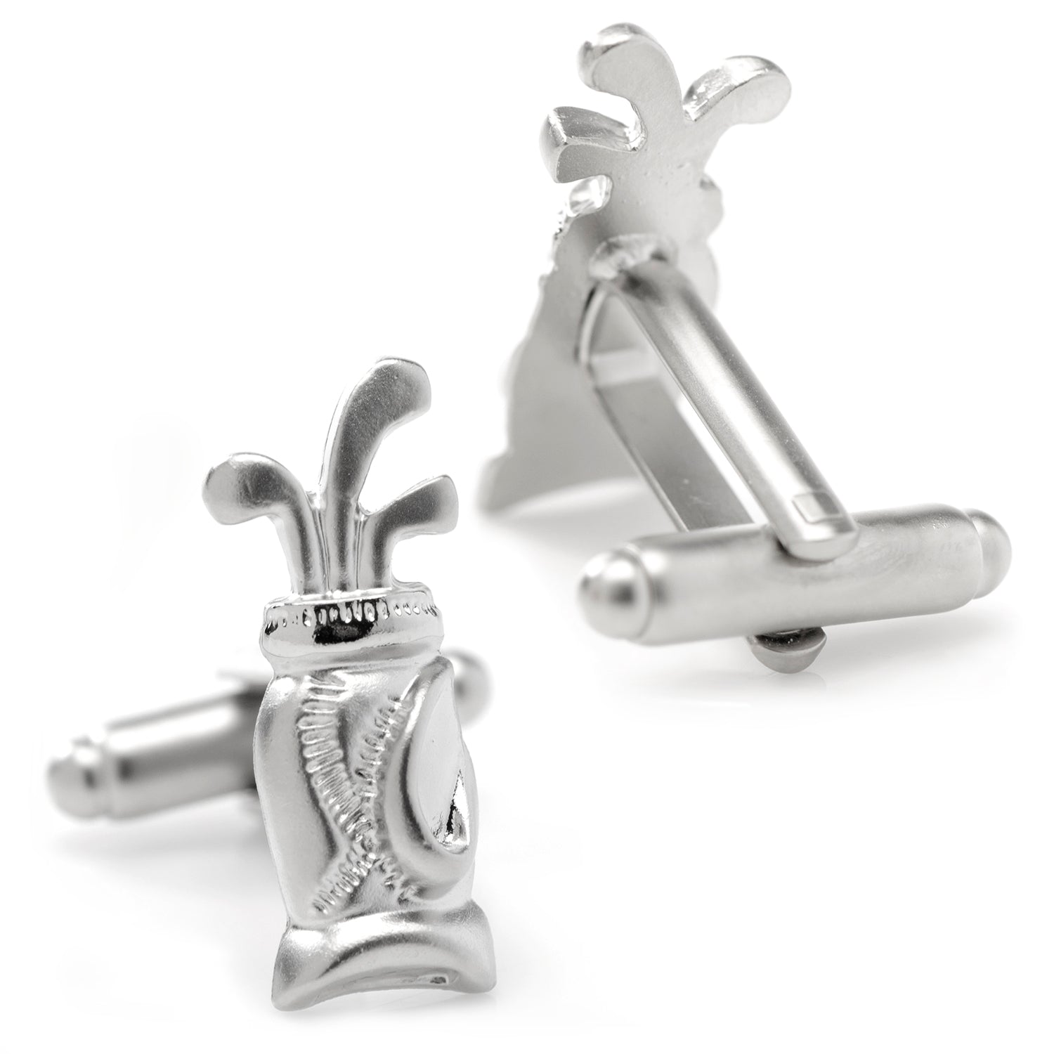 The Plated Golf Bag Cufflinks from Cufflinks.com feature a silver golf bag design with club details—ideal for golf lovers or anyone wanting unique base metal cufflinks.