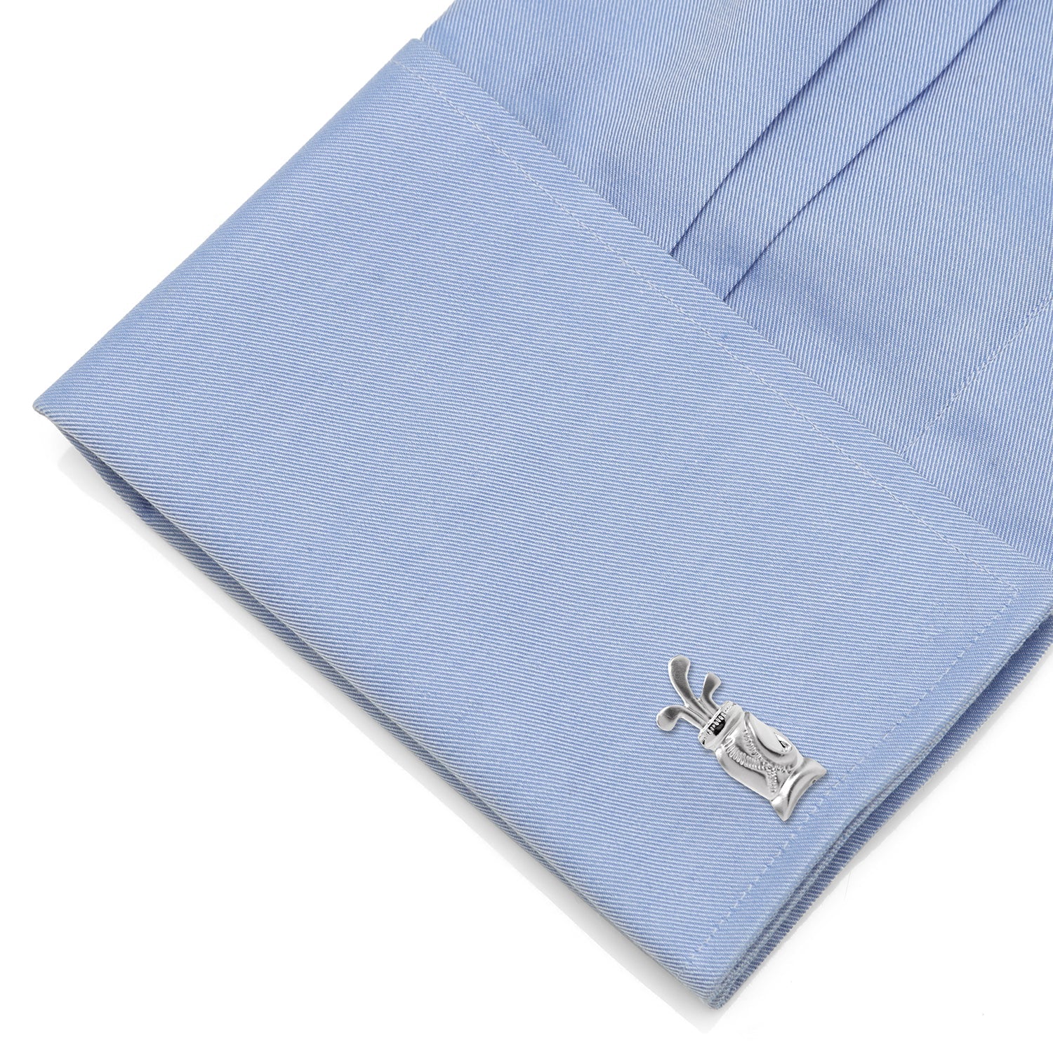 The Plated Golf Bag Cufflinks from Cufflinks.com feature a silver golf bag design with club details—ideal for golf lovers or anyone wanting unique base metal cufflinks.