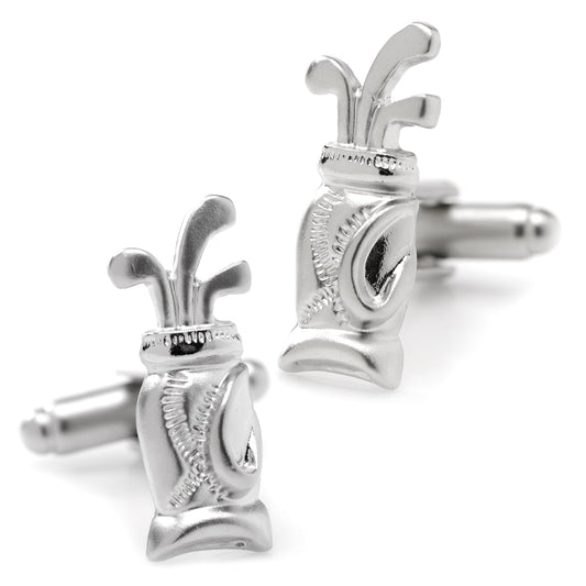 The Plated Golf Bag Cufflinks from Cufflinks.com feature a silver golf bag design with club details—ideal for golf lovers or anyone wanting unique base metal cufflinks.