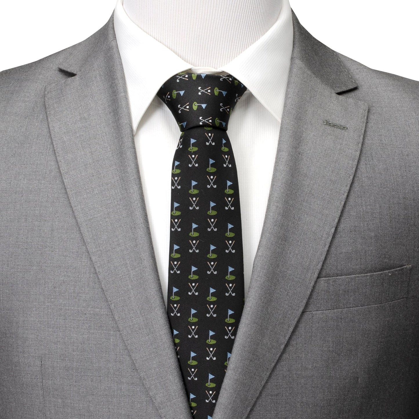 The Golf Course Black Silk Men's Tie by Cufflinks.com features small golf flags, greens, and crossed clubs in blue, green, and white—a stylish accessory for any golf enthusiast.