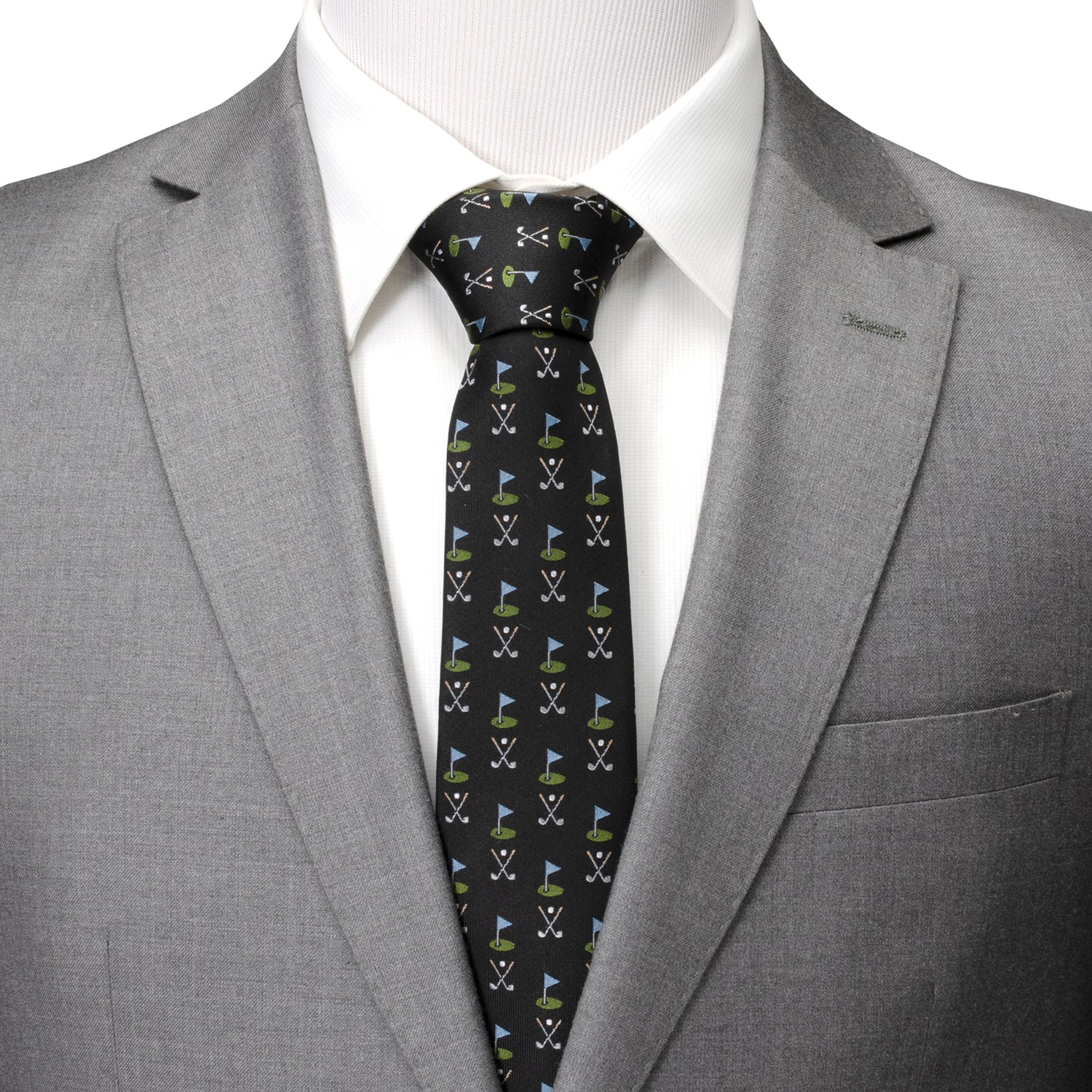 The Golf Course Black Silk Men's Tie by Cufflinks.com features small golf flags, greens, and crossed clubs in blue, green, and white—a stylish accessory for any golf enthusiast.