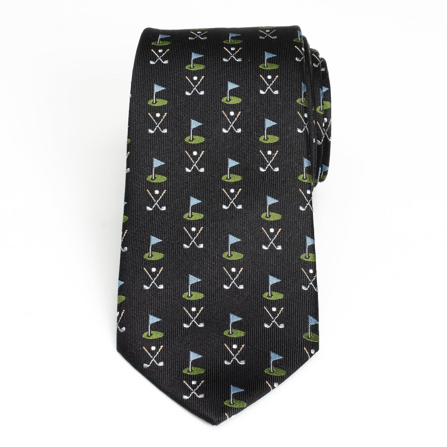 The Golf Course Black Silk Men's Tie by Cufflinks.com features small golf flags, greens, and crossed clubs in blue, green, and white—a stylish accessory for any golf enthusiast.